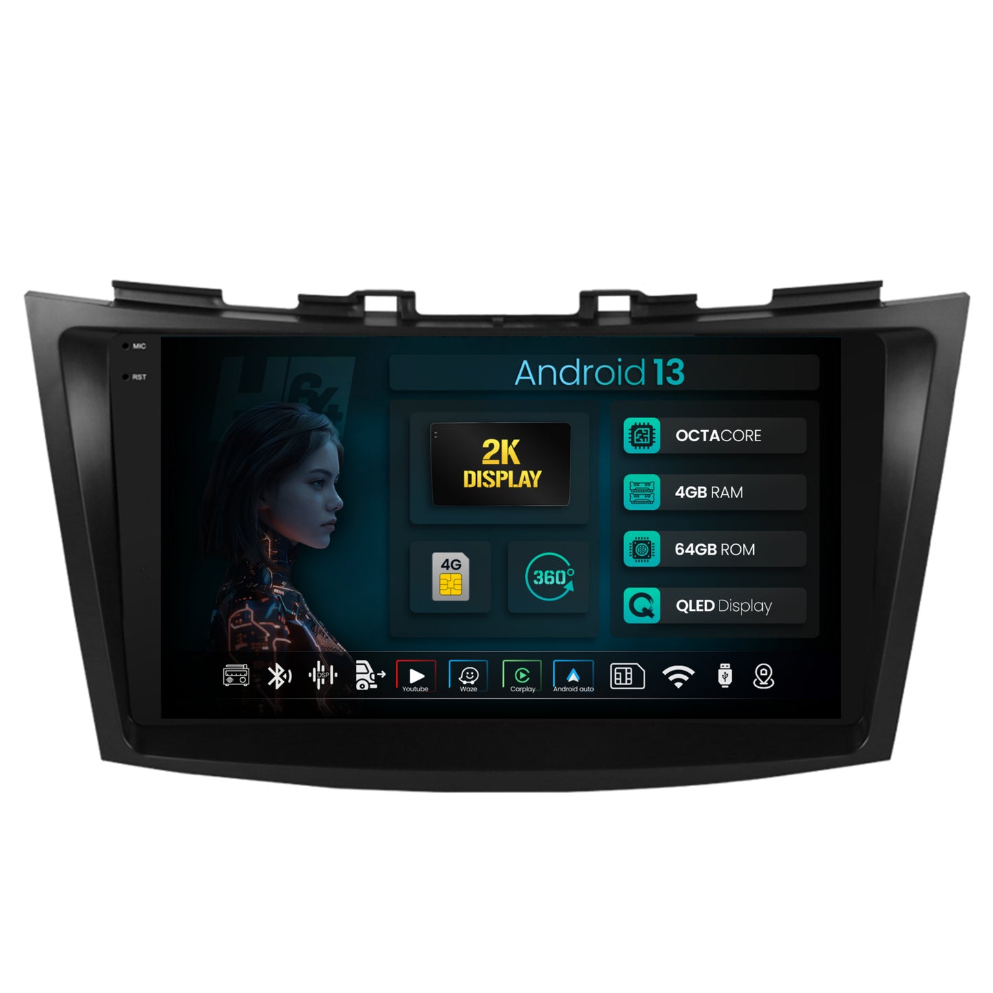 Navigatie 2K HUB64 Suzuki Swift (2011-2017), 4GB RAM, Android, Octacore, Slot Sim 4G, DSP, GPS, Wi-FI, Carplay, Android Auto, USB, Bluetooth, Waze, Touchscreen, 9.5 Inch