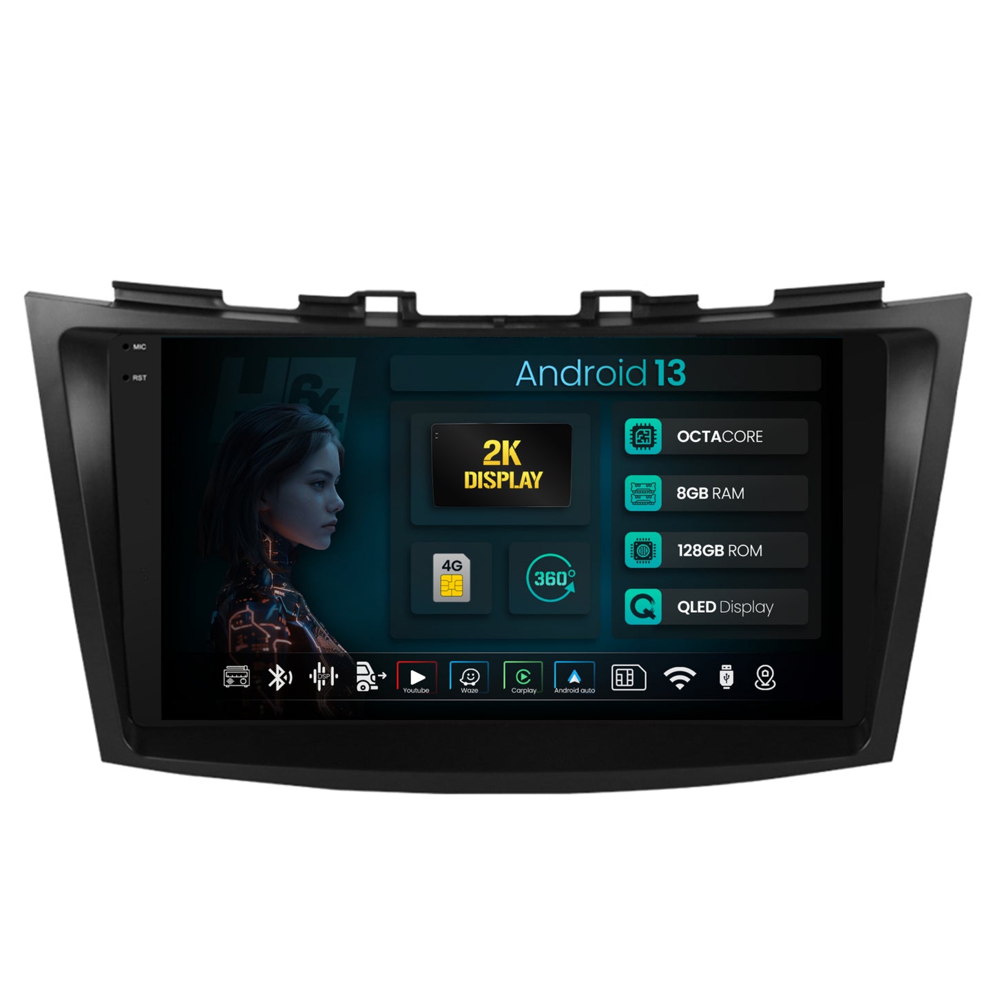 Navigatie 2K HUB64 Suzuki Swift (2011-2017), 8GB RAM, Android, Octacore, Slot Sim 4G, DSP, GPS, Wi-FI, Carplay, Android Auto, USB, Bluetooth, Waze, Touchscreen, 9.5 Inch