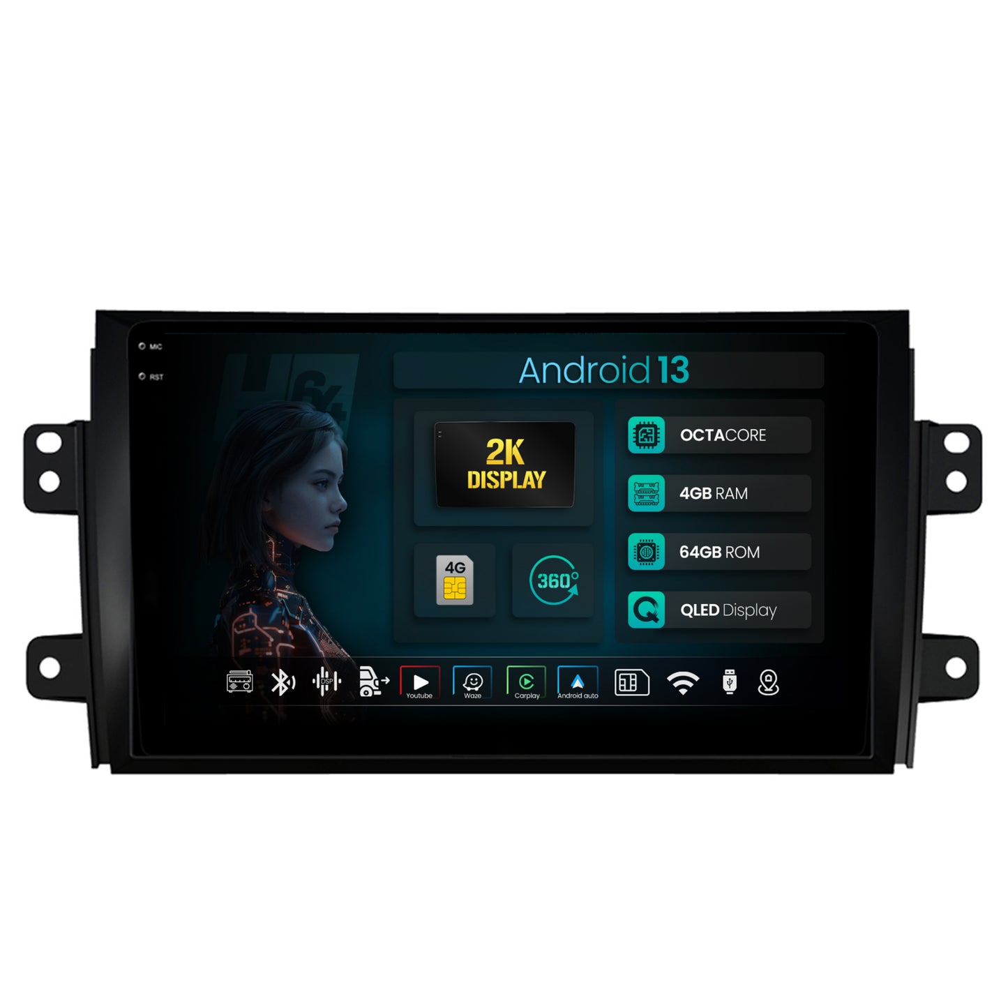 Navigatie 2K HUB64 Suzuki SX4 / Fiat Sedici, 4GB RAM, Android, Octacore, Slot Sim 4G, DSP, GPS, Wi-FI, Carplay, Android Auto, USB, Bluetooth, Waze, Touchscreen, 9.5 Inch
