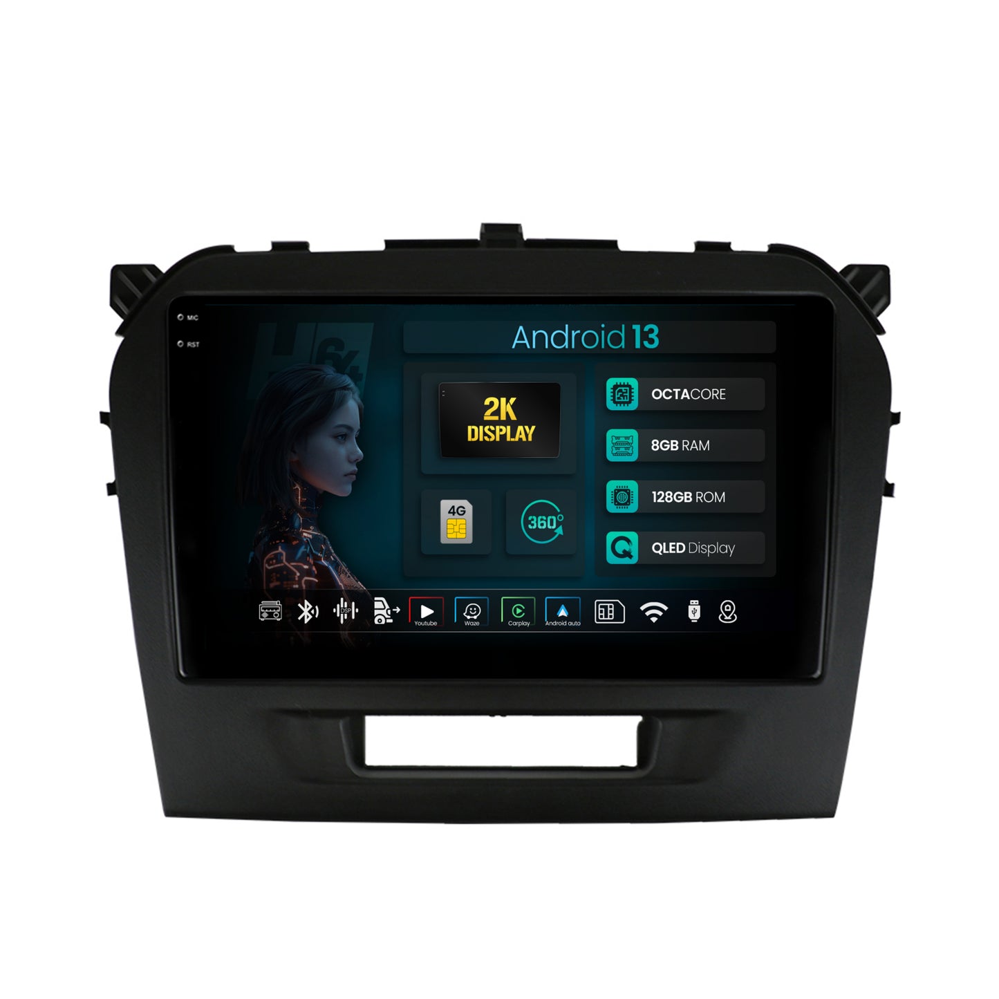 Navigatie 2K HUB64 Suzuki Vitara (2015+), 8GB RAM, Android, Octacore, Slot Sim 4G, DSP, GPS, Wi-FI, Carplay, Android Auto, USB, Bluetooth, Waze, Touchscreen, 9.5 Inch