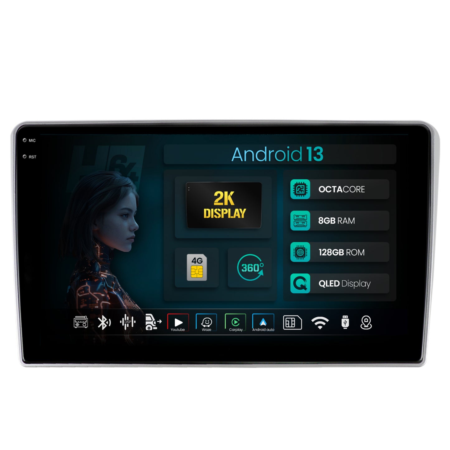Navigatie 2K HUB64 Toyota Auris (2006-2012), 8GB RAM, Android, Octacore, Slot Sim 4G, DSP, GPS, Wi-FI, Carplay, Android Auto, USB, Bluetooth, Waze, Touchscreen, 9.5 Inch