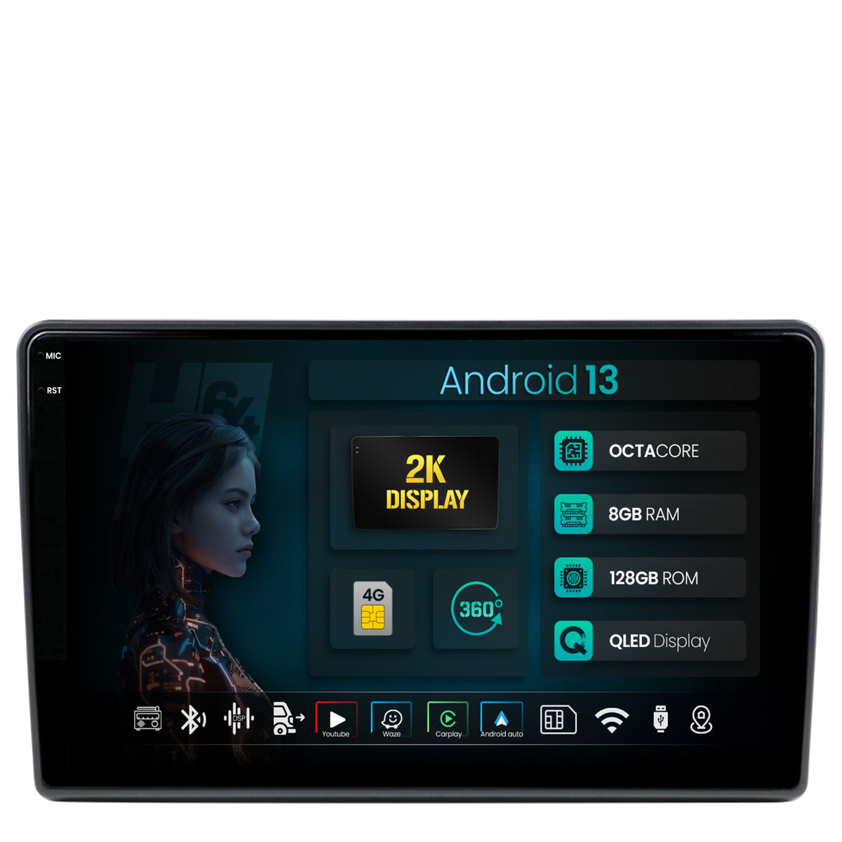 Navigatie 2K HUB64 Toyota Auris (2012-2014), 8GB RAM, Android, Octacore, Slot Sim 4G, DSP, GPS, Wi-FI, Carplay, Android Auto, USB, Bluetooth, Waze, Touchscreen, 10.36 Inch