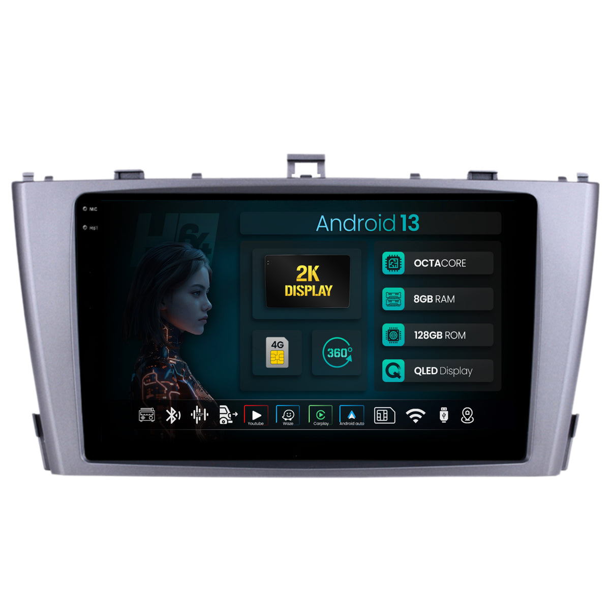 Navigatie 2K HUB64 Toyota Avensis (2008-2015), 8GB RAM, Android, Octacore, Slot Sim 4G, DSP, GPS, Wi-FI, Carplay, Android Auto, USB, Bluetooth, Waze, Touchscreen, 9.5 Inch