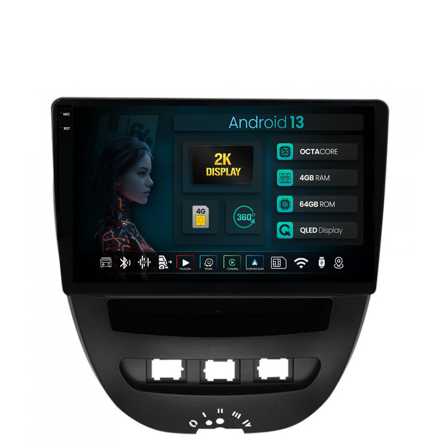 Navigatie 2K HUB64 Toyota AYGO / Citroen C1 (2005-2014), 4GB RAM, Android, Octacore, Slot Sim 4G, DSP, GPS, Wi-FI, Carplay, Android Auto, USB, Bluetooth, Waze, Touchscreen, 10.36 Inch