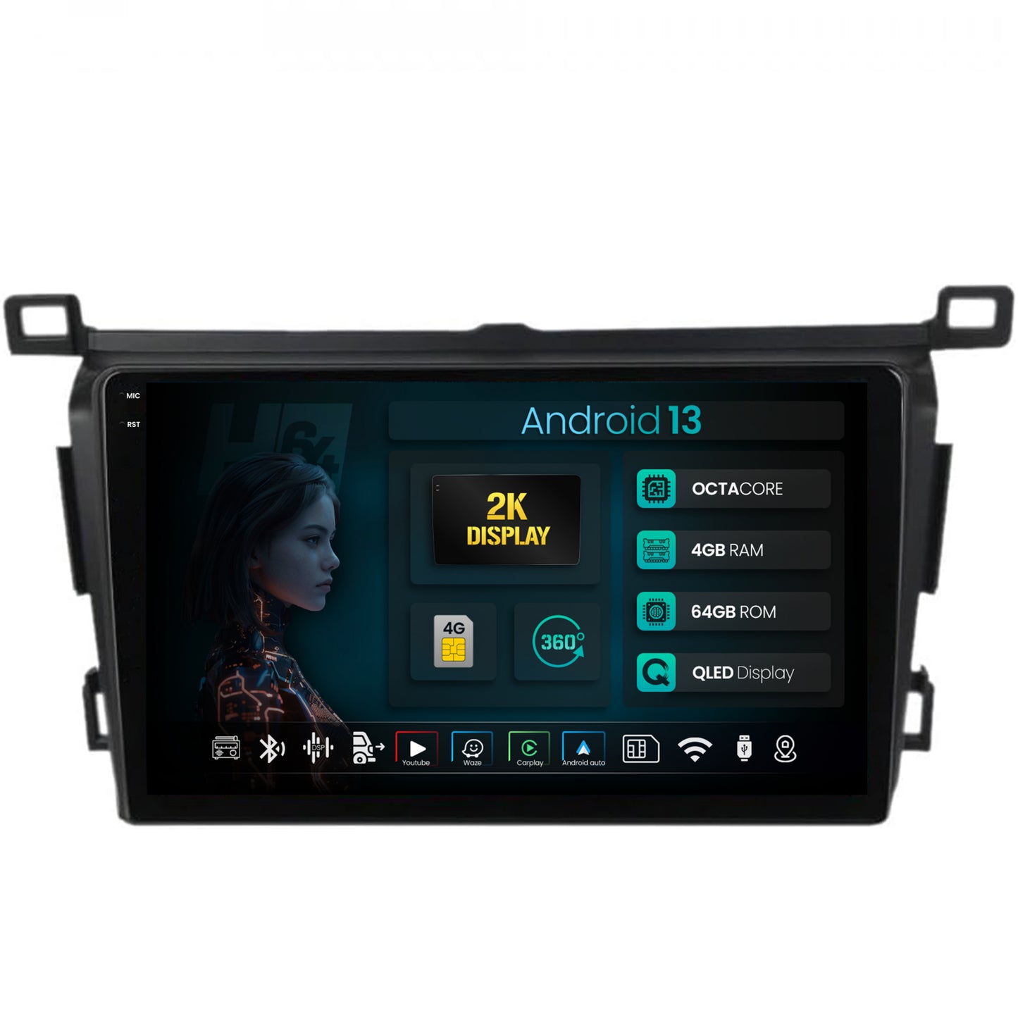 Navigatie 2K HUB64 Toyota Corolla (2007-2013), 4GB RAM, Android, Octacore, Slot Sim 4G, DSP, GPS, Wi-FI, Carplay, Android Auto, USB, Bluetooth, Waze, Touchscreen, 9.5 Inch