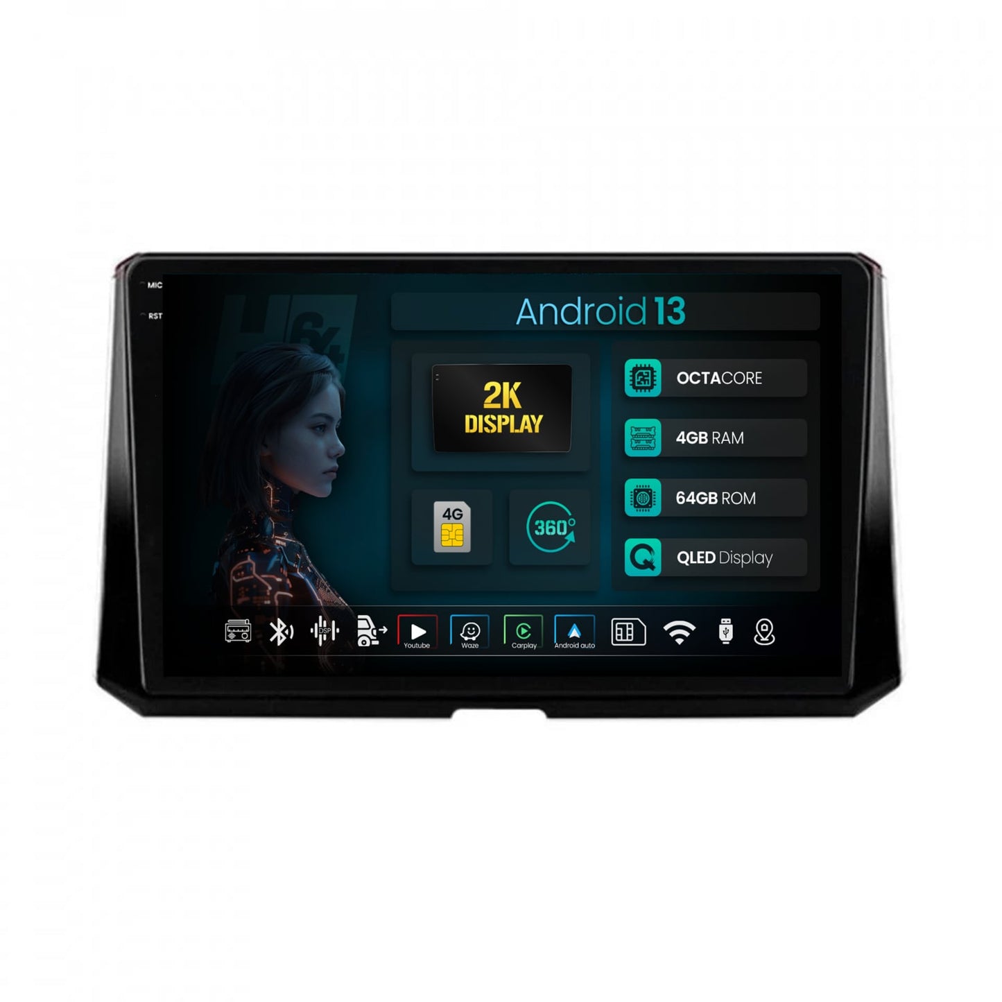 Navigatie 2K HUB64 Toyota Corolla (2019-2023), 4GB RAM, Android, Octacore, Slot Sim 4G, DSP, GPS, Wi-FI, Carplay, Android Auto, USB, Bluetooth, Waze, Touchscreen, 10.36 Inch