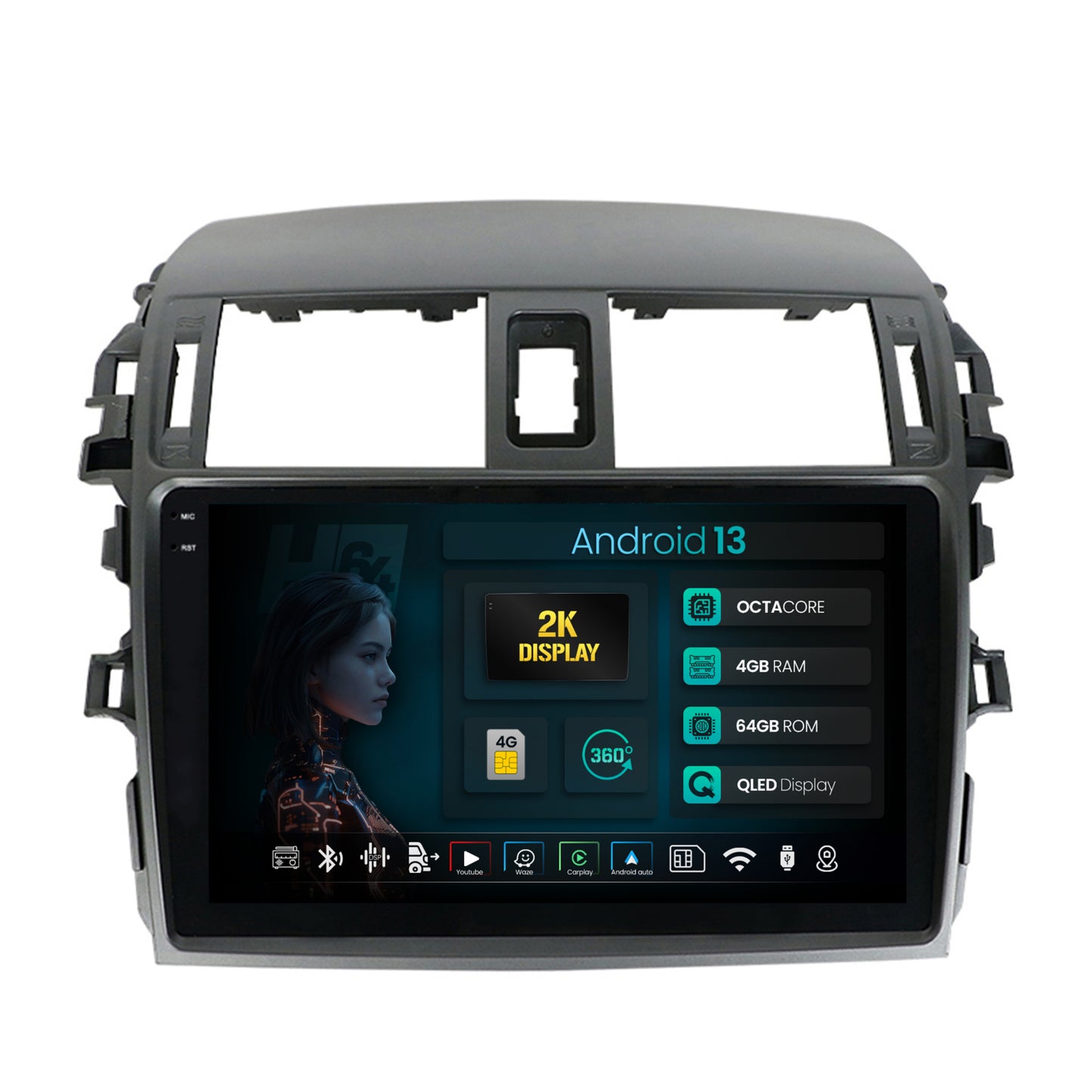 Navigatie 2K HUB64 Toyota Corolla (2007-2013), 4GB RAM, Android, Octacore, Slot Sim 4G, DSP, GPS, Wi-FI, Carplay, Android Auto, USB, Bluetooth, Waze, Touchscreen, 9.5 Inch