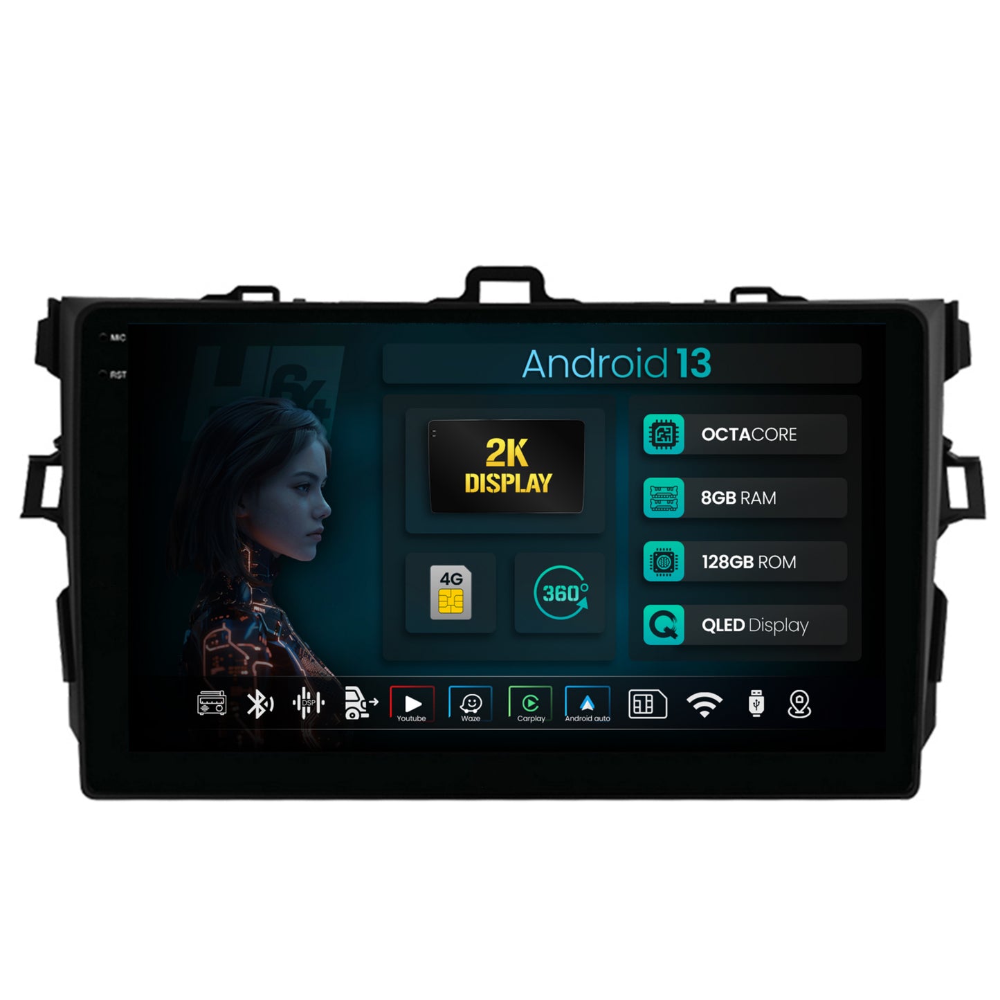 Navigatie 2K HUB64 Toyota Corolla (2007-2013), 8GB RAM, Android, Octacore, Slot Sim 4G, DSP, GPS, Wi-FI, Carplay, Android Auto, USB, Bluetooth, Waze, Touchscreen, 9.5 Inch