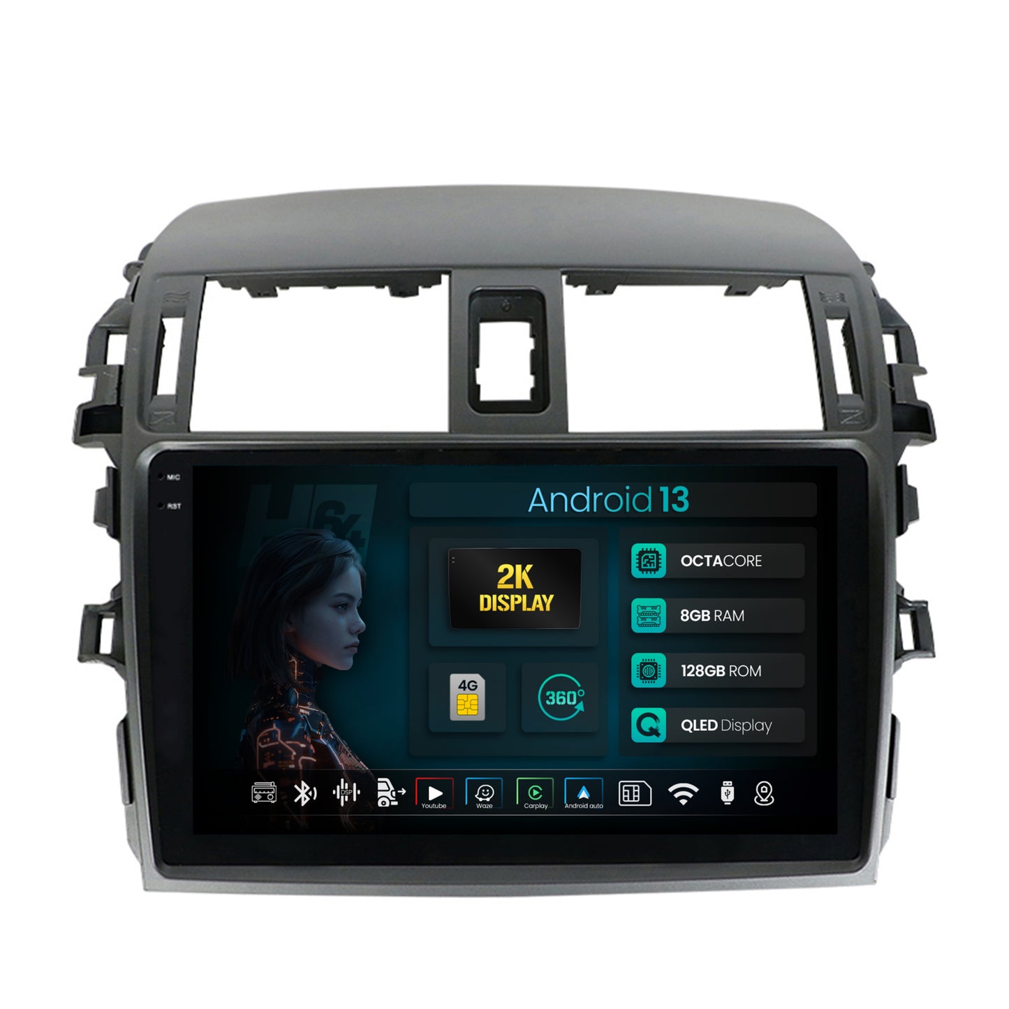 Navigatie 2K HUB64 Toyota Corolla (2007-2013), 8GB RAM, Android, Octacore, Slot Sim 4G, DSP, GPS, Wi-FI, Carplay, Android Auto, USB, Bluetooth, Waze, Touchscreen, 9.5 Inch