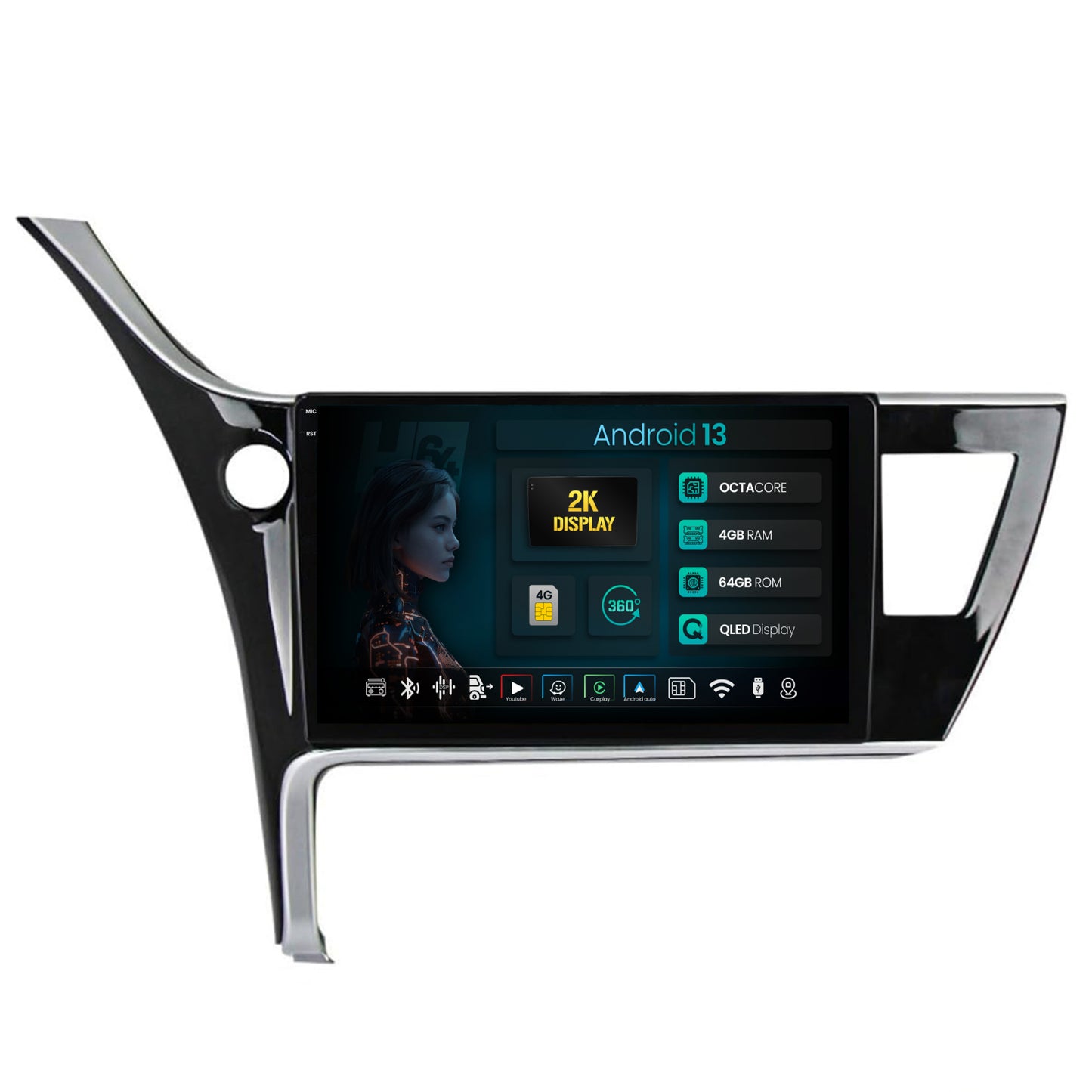 Navigatie 2K HUB64 Toyota Corolla / Auris (2017-2020), 4GB RAM, Android, Octacore, Slot Sim 4G, DSP, GPS, Wi-FI, Carplay, Android Auto, USB, Bluetooth, Waze, Touchscreen, 10.36 Inch