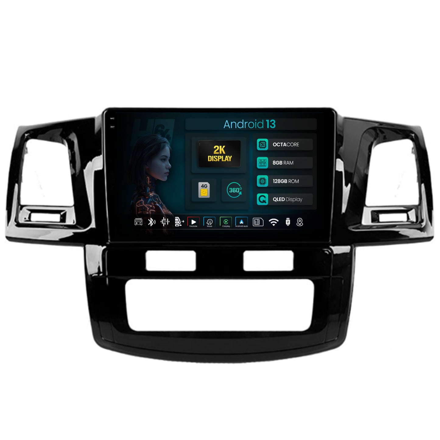 Navigatie 2K HUB64 Toyota Hilux (2008-2014), 8GB RAM, Android, Octacore, Slot Sim 4G, DSP, GPS, Wi-FI, Carplay, Android Auto, USB, Bluetooth, Waze, Touchscreen, 9.5 Inch