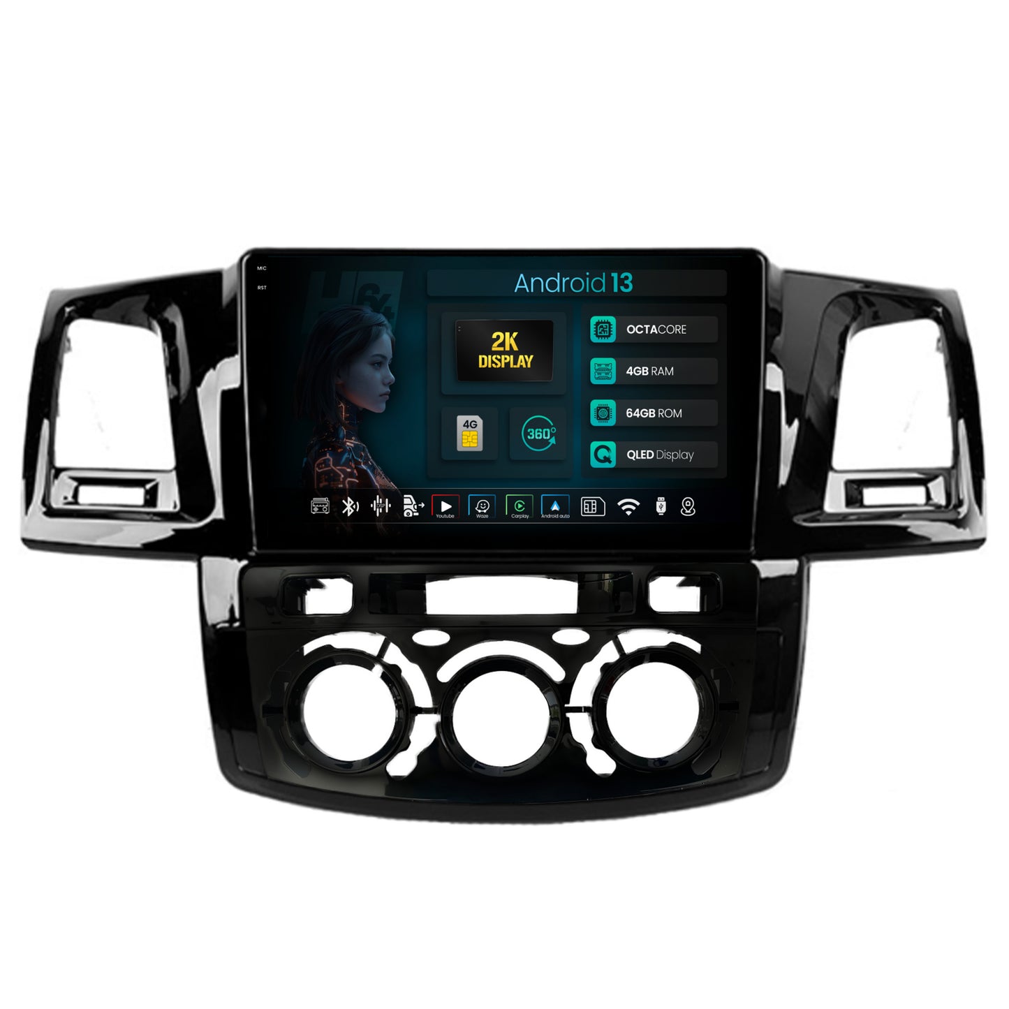 Navigatie 2K HUB64 Toyota Hilux (2008-2014) Clima Manuala, 4GB RAM, Android, Octacore, Slot Sim 4G, DSP, GPS, Wi-FI, Carplay, Android Auto, USB, Bluetooth, Waze, Touchscreen, 9.5 Inch