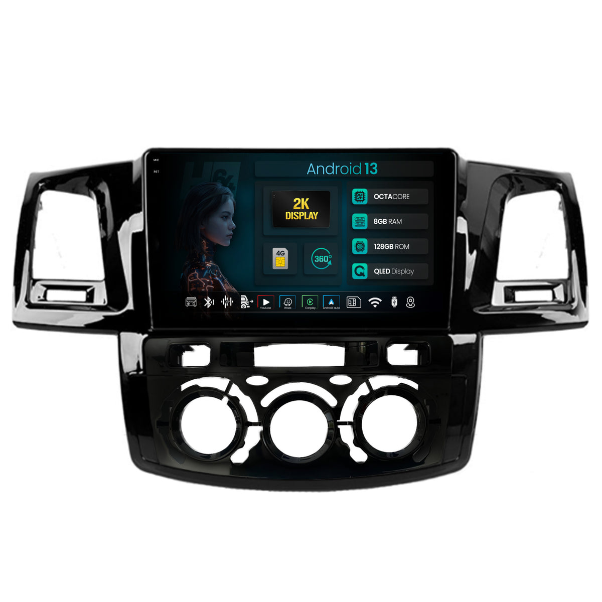 Navigatie 2K HUB64 Toyota Hilux (2008-2014) Clima Manuala, 8GB RAM, Android, Octacore, Slot Sim 4G, DSP, GPS, Wi-FI, Carplay, Android Auto, USB, Bluetooth, Waze, Touchscreen, 9.5 Inch
