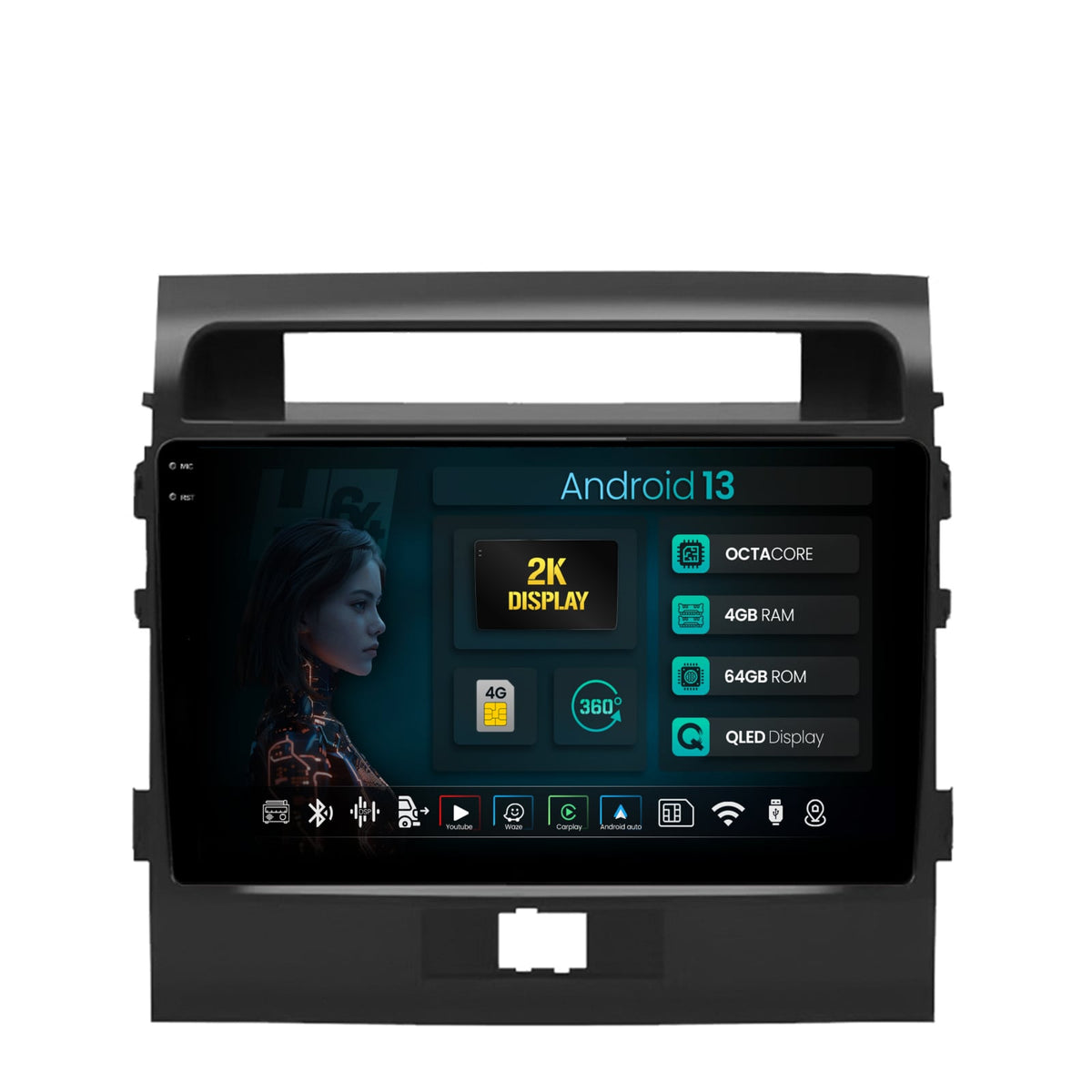Navigatie 2K HUB64 Toyota Land Cruiser 200 (2007-2015), 4GB RAM, Android, Octacore, Slot Sim 4G, DSP, GPS, Wi-FI, Carplay, Android Auto, USB, Bluetooth, Waze, Touchscreen, 9.5 Inch