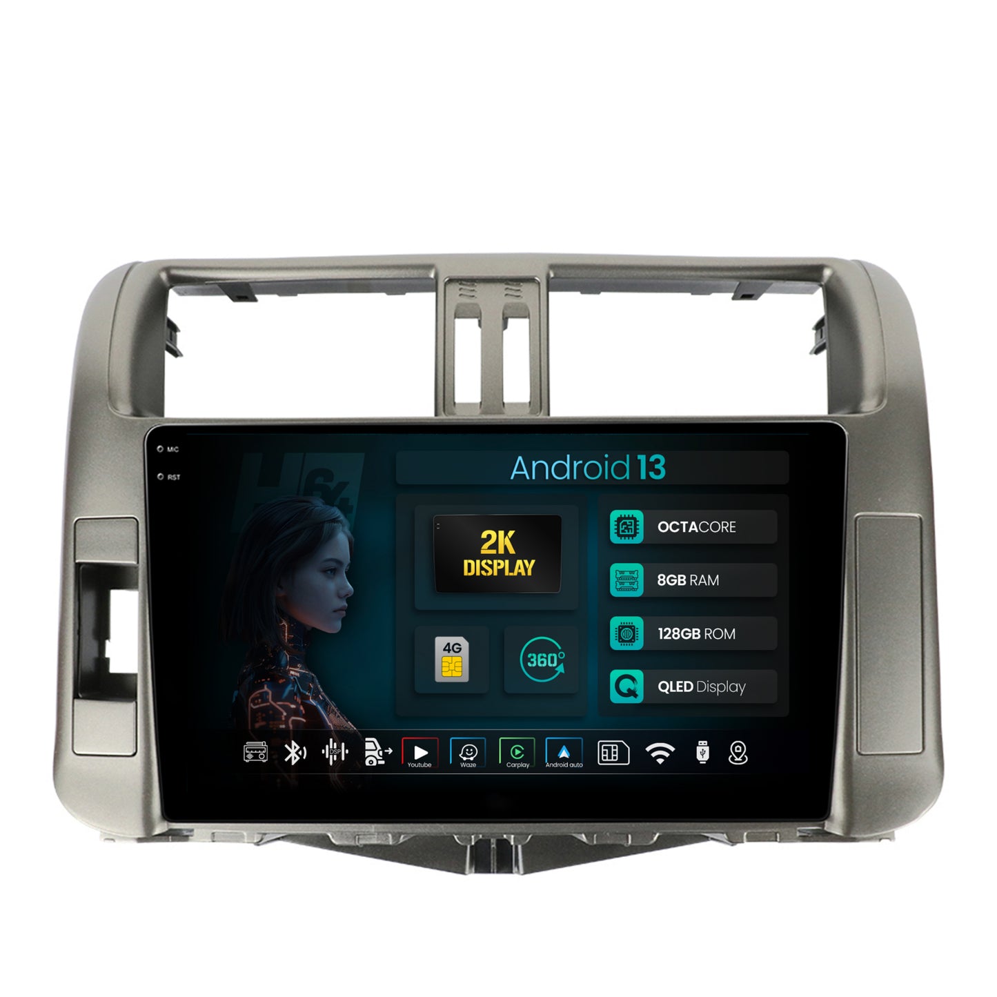 Navigatie 2K HUB64 Toyota Land Cruiser / Prado (2009-2013), 8GB RAM, Android, Octacore, Slot Sim 4G, DSP, GPS, Wi-FI, Carplay, Android Auto, USB, Bluetooth, Waze, Touchscreen, 9.5 Inch