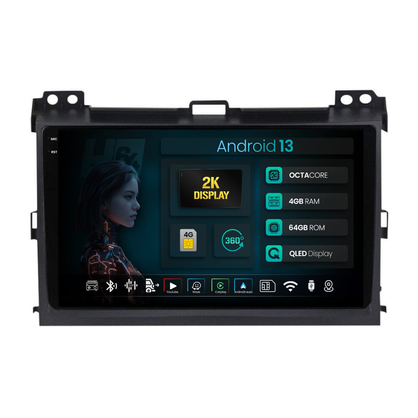 Navigatie 2K HUB64 Toyota Prado J120 (2002-2010), 4GB RAM, Android, Octacore, Slot Sim 4G, DSP, GPS, Wi-FI, Carplay, Android Auto, USB, Bluetooth, Waze, Touchscreen, 9.5 Inch