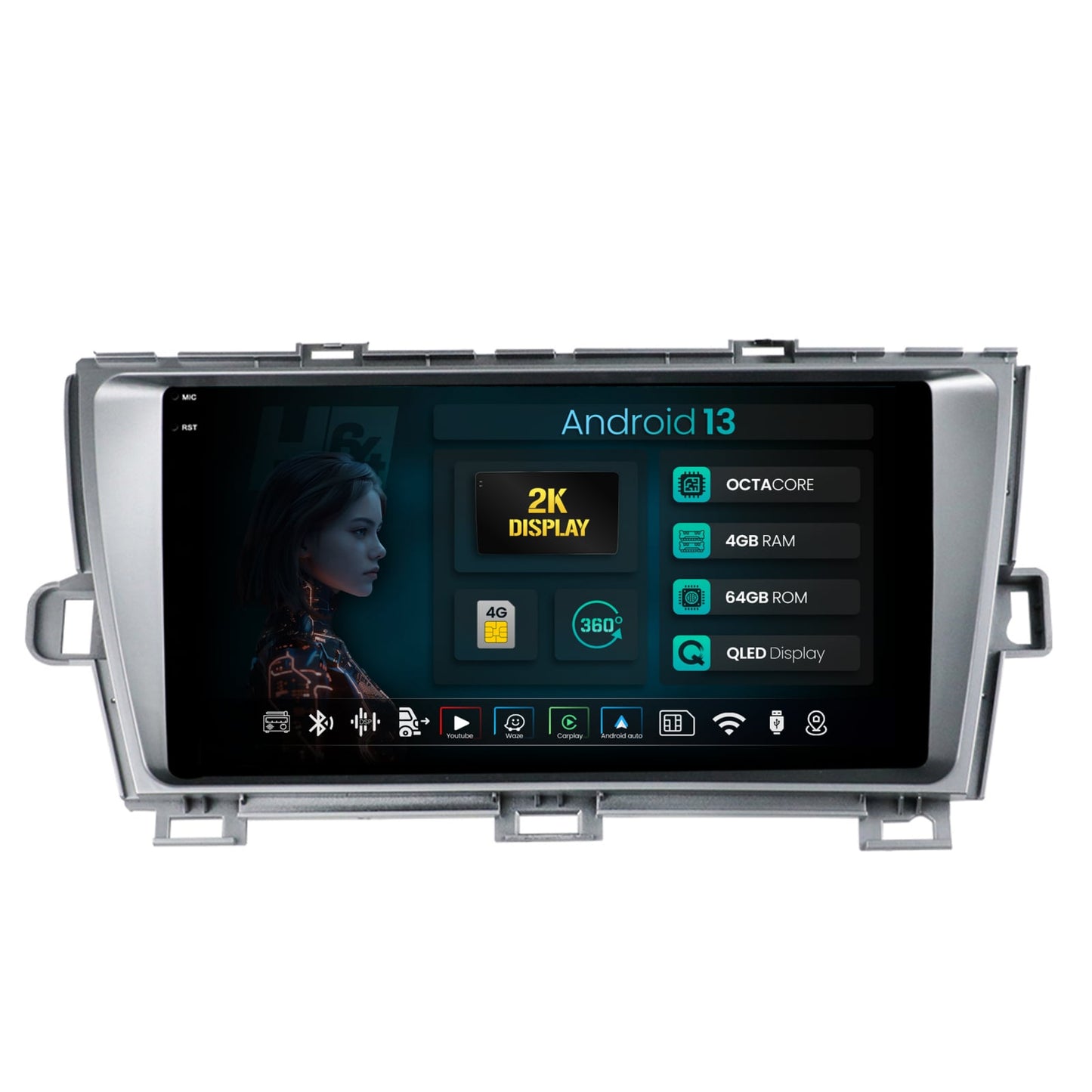 Navigatie 2K HUB64 Toyota Prius (2009-2014), 4GB RAM, Android, Octacore, Slot Sim 4G, DSP, GPS, Wi-FI, Carplay, Android Auto, USB, Bluetooth, Waze, Touchscreen, 9.5 Inch