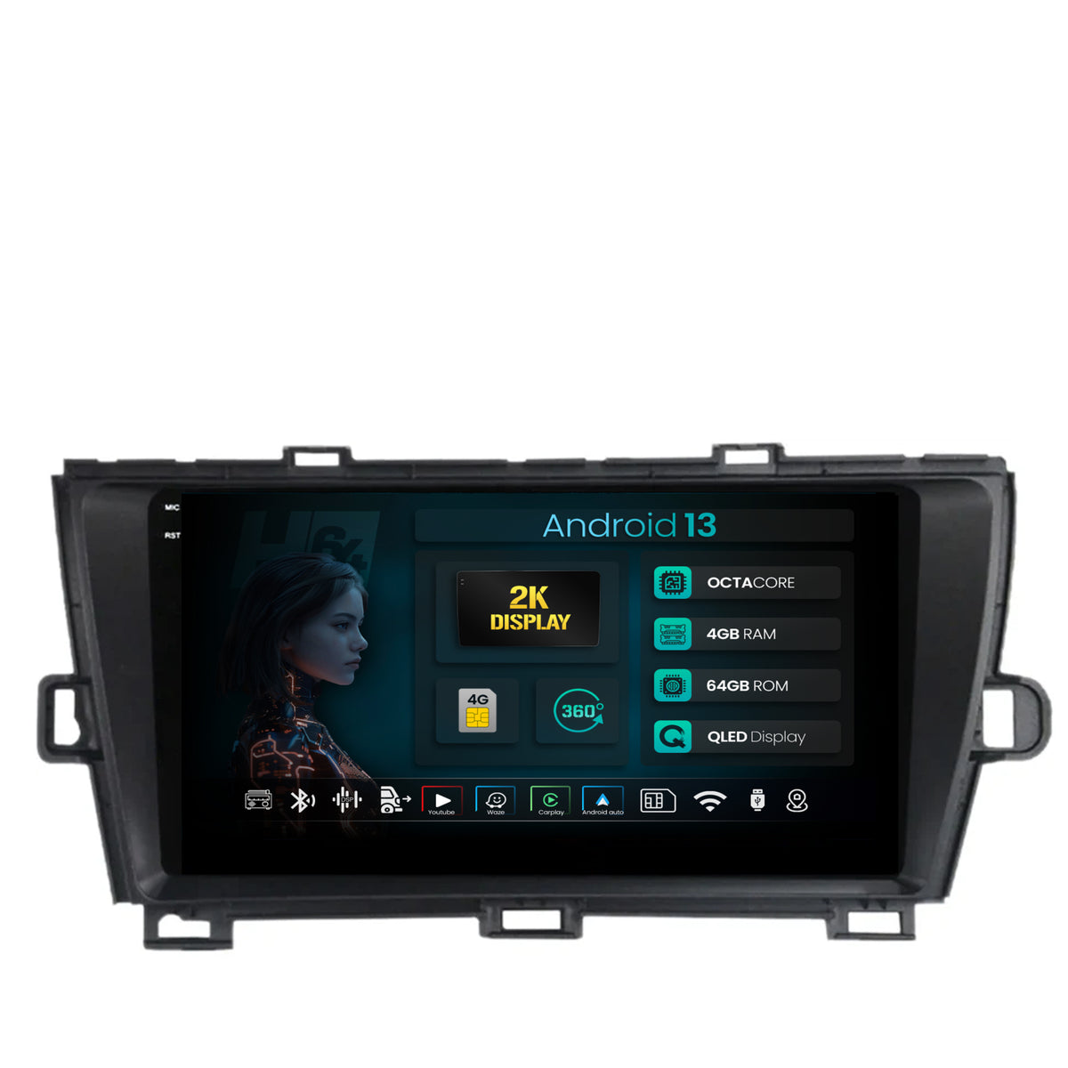 Navigatie 2K HUB64 Toyota Prius (2009-2014), 4GB RAM, Android, Octacore, Slot Sim 4G, DSP, GPS, Wi-FI, Carplay, Android Auto, USB, Bluetooth, Waze, Touchscreen, 9.5 Inch
