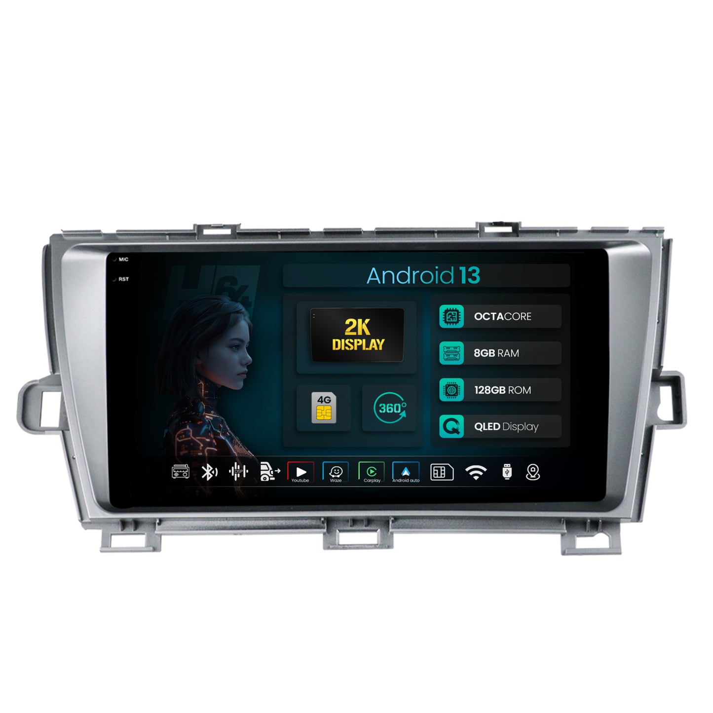 Navigatie 2K HUB64 Toyota Prius (2009-2014), 8GB RAM, Android, Octacore, Slot Sim 4G, DSP, GPS, Wi-FI, Carplay, Android Auto, USB, Bluetooth, Waze, Touchscreen, 9.5 Inch