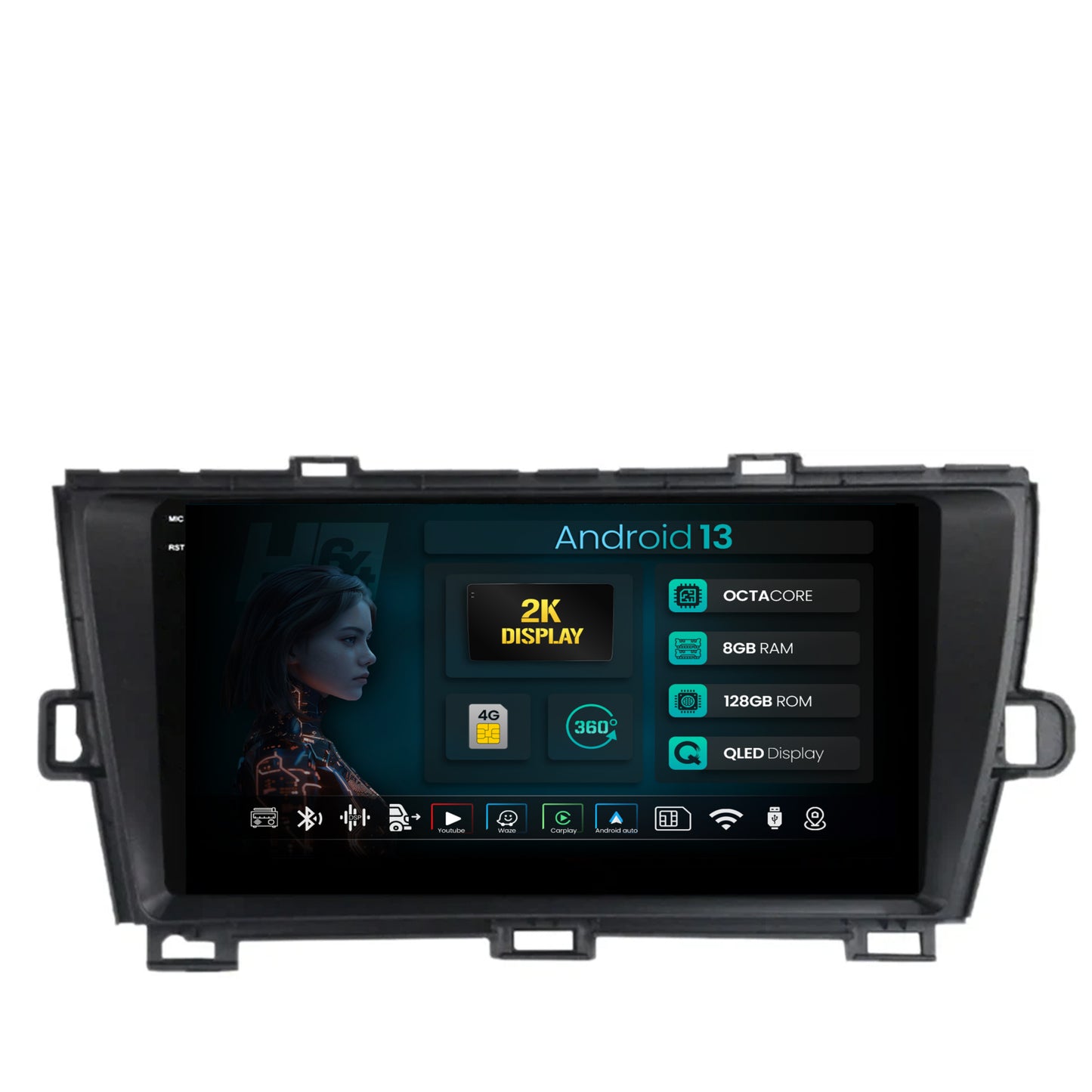 Navigatie 2K HUB64 Toyota Prius (2009-2014), 8GB RAM, Android, Octacore, Slot Sim 4G, DSP, GPS, Wi-FI, Carplay, Android Auto, USB, Bluetooth, Waze, Touchscreen, 9.5 Inch