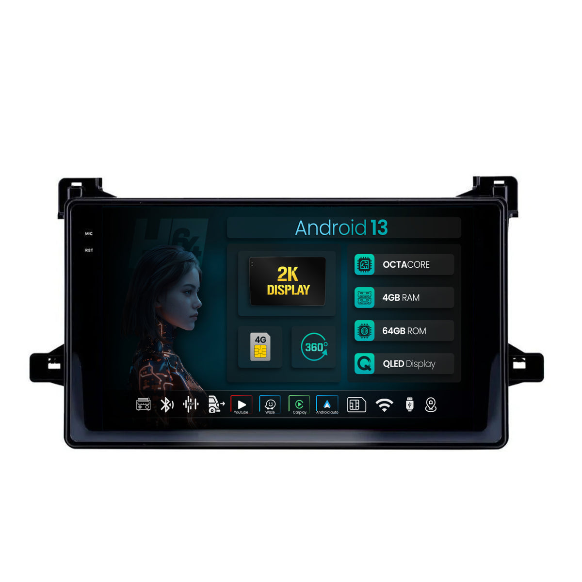 Navigatie 2K HUB64 Toyota Prius (2015+), 4GB RAM, Android, Octacore, Slot Sim 4G, DSP, GPS, Wi-FI, Carplay, Android Auto, USB, Bluetooth, Waze, Touchscreen, 9.5 Inch