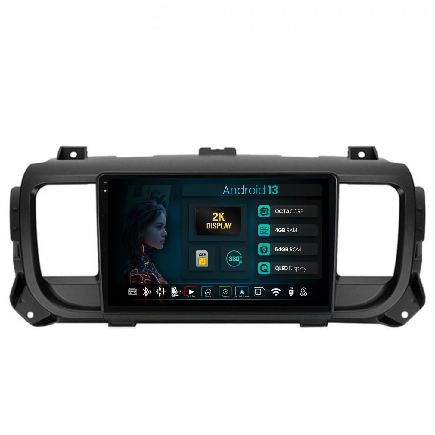 Navigatie 2K HUB64 Toyota Proace (2016+), 4GB RAM, Android, Octacore, Slot Sim 4G, DSP, GPS, Wi-FI, Carplay, Android Auto, USB, Bluetooth, Waze, Touchscreen, 9.5 Inch
