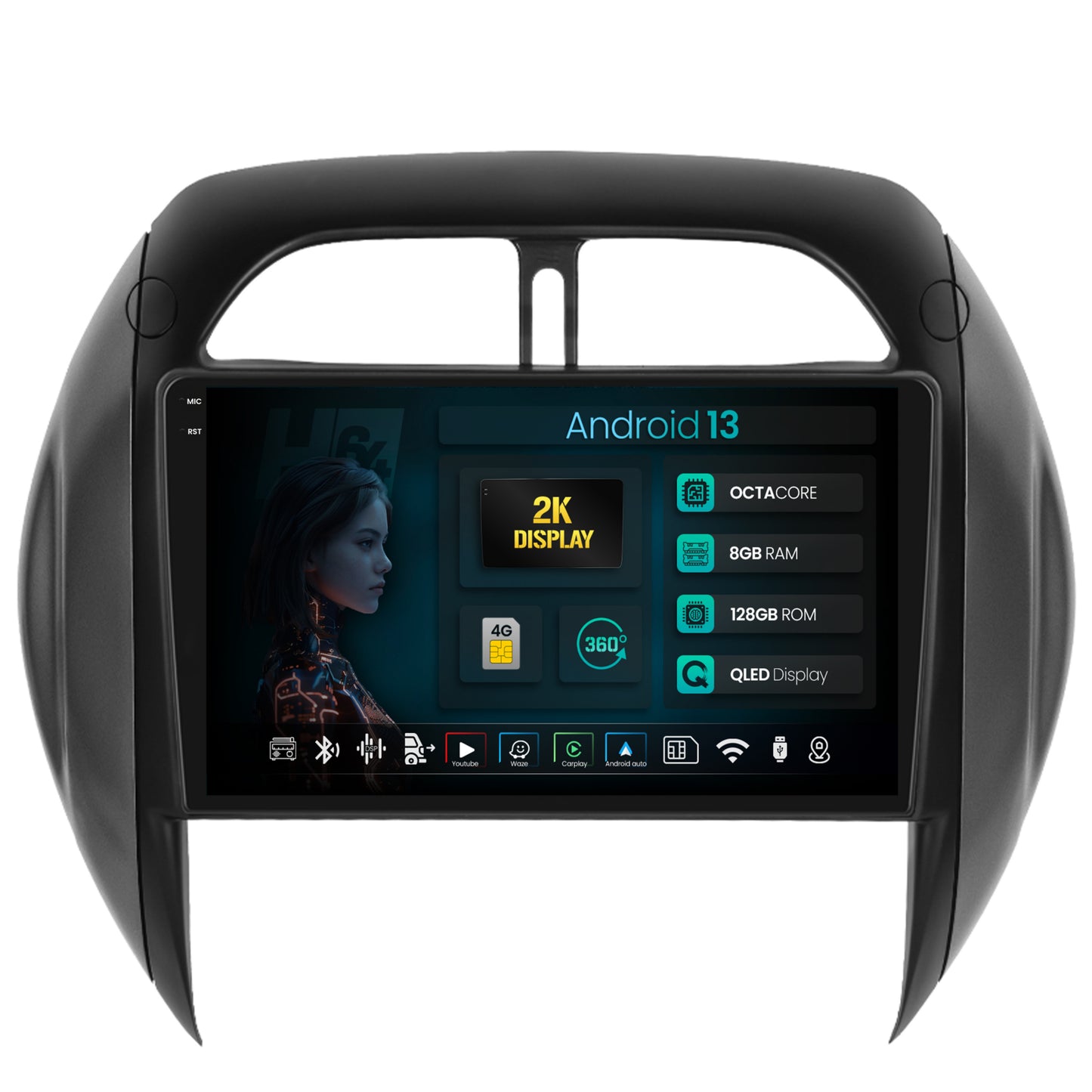 Navigatie 2K HUB64 Toyota RAV4 (2001-2006), 8GB RAM, Android, Octacore, Slot Sim 4G, DSP, GPS, Wi-FI, Carplay, Android Auto, USB, Bluetooth, Waze, Touchscreen, 9.5 Inch