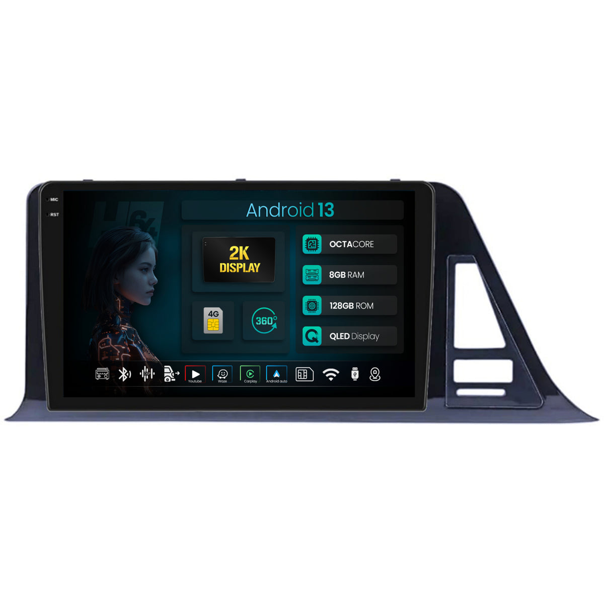 Navigatie 2K HUB64 Toyota CHR (2016-2020), 8GB RAM, Android, Octacore, Slot Sim 4G, DSP, GPS, Wi-FI, Carplay, Android Auto, USB, Bluetooth, Waze, Touchscreen, 9.5 Inch
