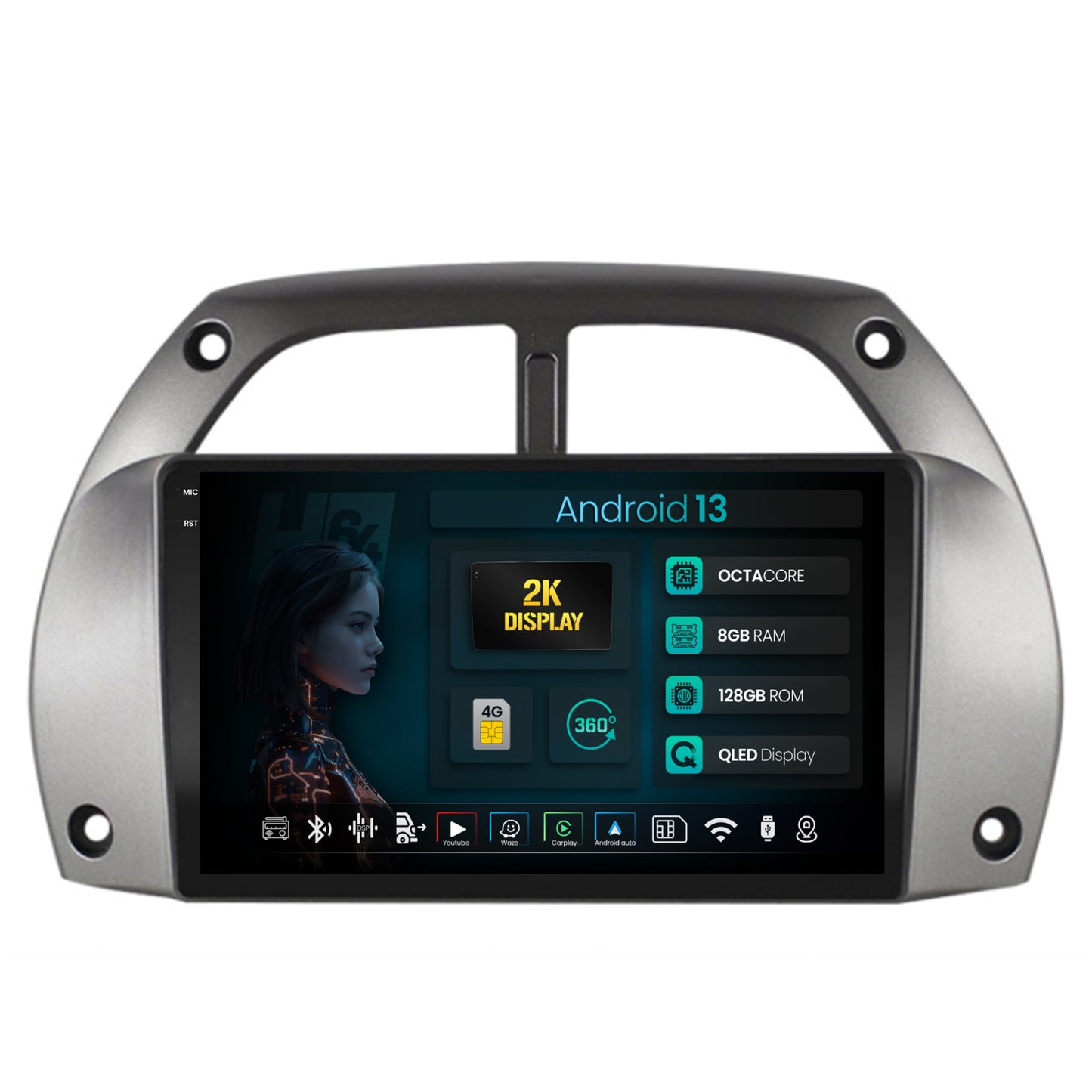 Navigatie 2K HUB64 Toyota RAV4 (2001-2006), 8GB RAM, Android, Octacore, Slot Sim 4G, DSP, GPS, Wi-FI, Carplay, Android Auto, USB, Bluetooth, Waze, Touchscreen, 9.5 Inch