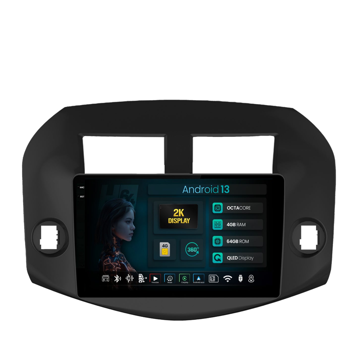 Navigatie 2K HUB64 Toyota RAV4 (2005-2013), 4GB RAM, Android, Octacore, Slot Sim 4G, DSP, GPS, Wi-FI, Carplay, Android Auto, USB, Bluetooth, Waze, Touchscreen, 10.36 Inch