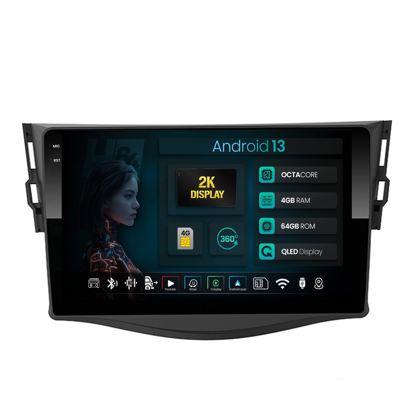 Navigatie 2K HUB64 Toyota RAV4 (2006-2013), 4GB RAM, Android, Octacore, Slot Sim 4G, DSP, GPS, Wi-FI, Carplay, Android Auto, USB, Bluetooth, Waze, Touchscreen, 9.5 Inch