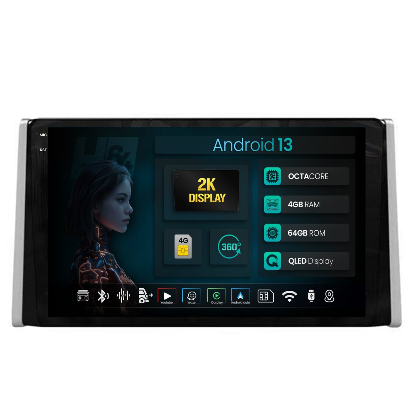 Navigatie 2K HUB64 Toyota RAV4 (2018+), 4GB RAM, Android, Octacore, Slot Sim 4G, DSP, GPS, Wi-FI, Carplay, Android Auto, USB, Bluetooth, Waze, Touchscreen, 9.5 Inch