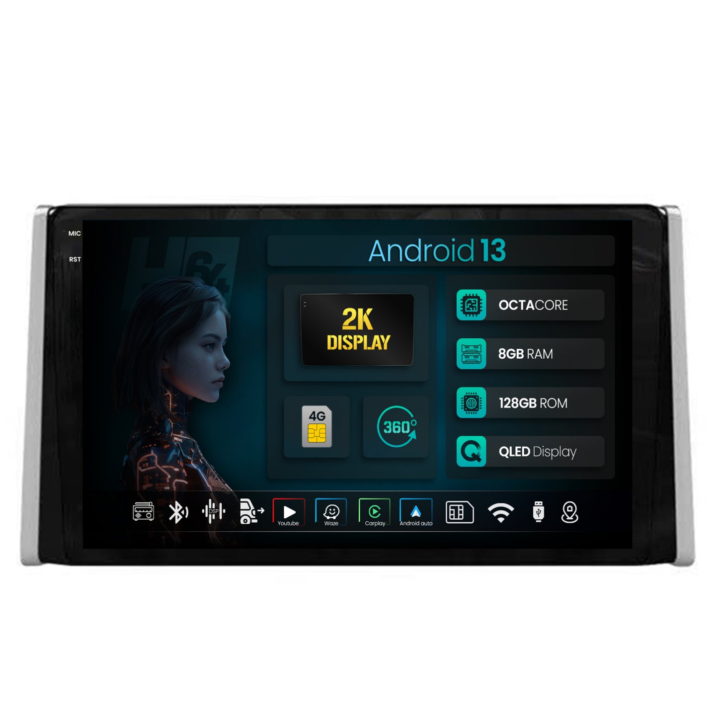 Navigatie 2K HUB64 Toyota RAV4 (2018+), 8GB RAM, Android, Octacore, Slot Sim 4G, DSP, GPS, Wi-FI, Carplay, Android Auto, USB, Bluetooth, Waze, Touchscreen, 9.5 Inch