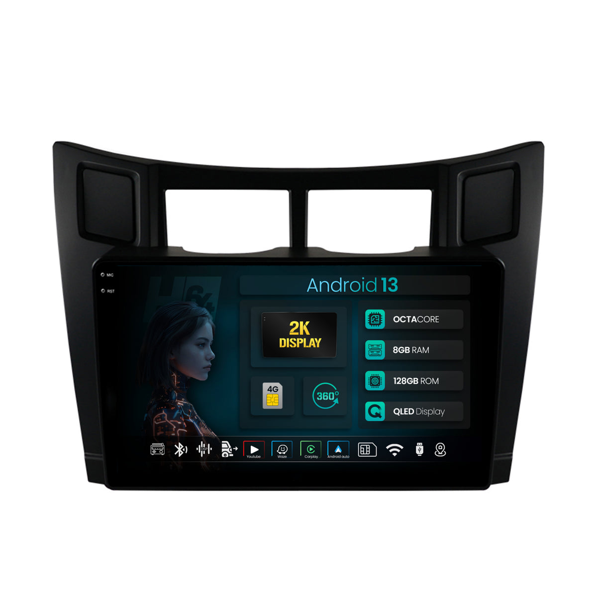 Navigatie 2K HUB64 Toyota Yaris (2005-2012), 8GB RAM, Android, Octacore, Slot Sim 4G, DSP, GPS, Wi-FI, Carplay, Android Auto, USB, Bluetooth, Waze, Touchscreen, 9.5 Inch