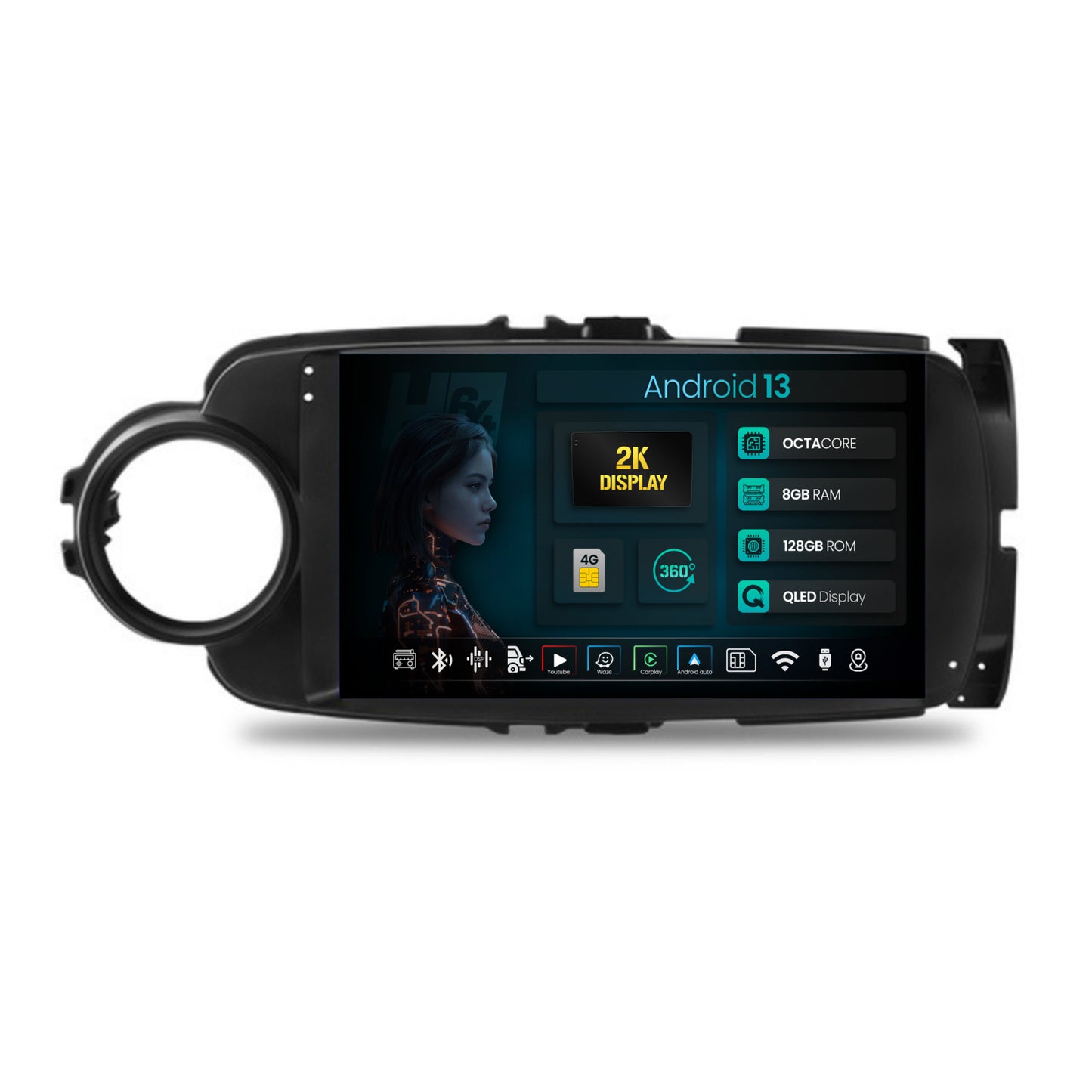 Navigatie 2K HUB64 Toyota Yaris (2010-2018), 8GB RAM, Android, Octacore, Slot Sim 4G, DSP, GPS, Wi-FI, Carplay, Android Auto, USB, Bluetooth, Waze, Touchscreen, 9.5 Inch