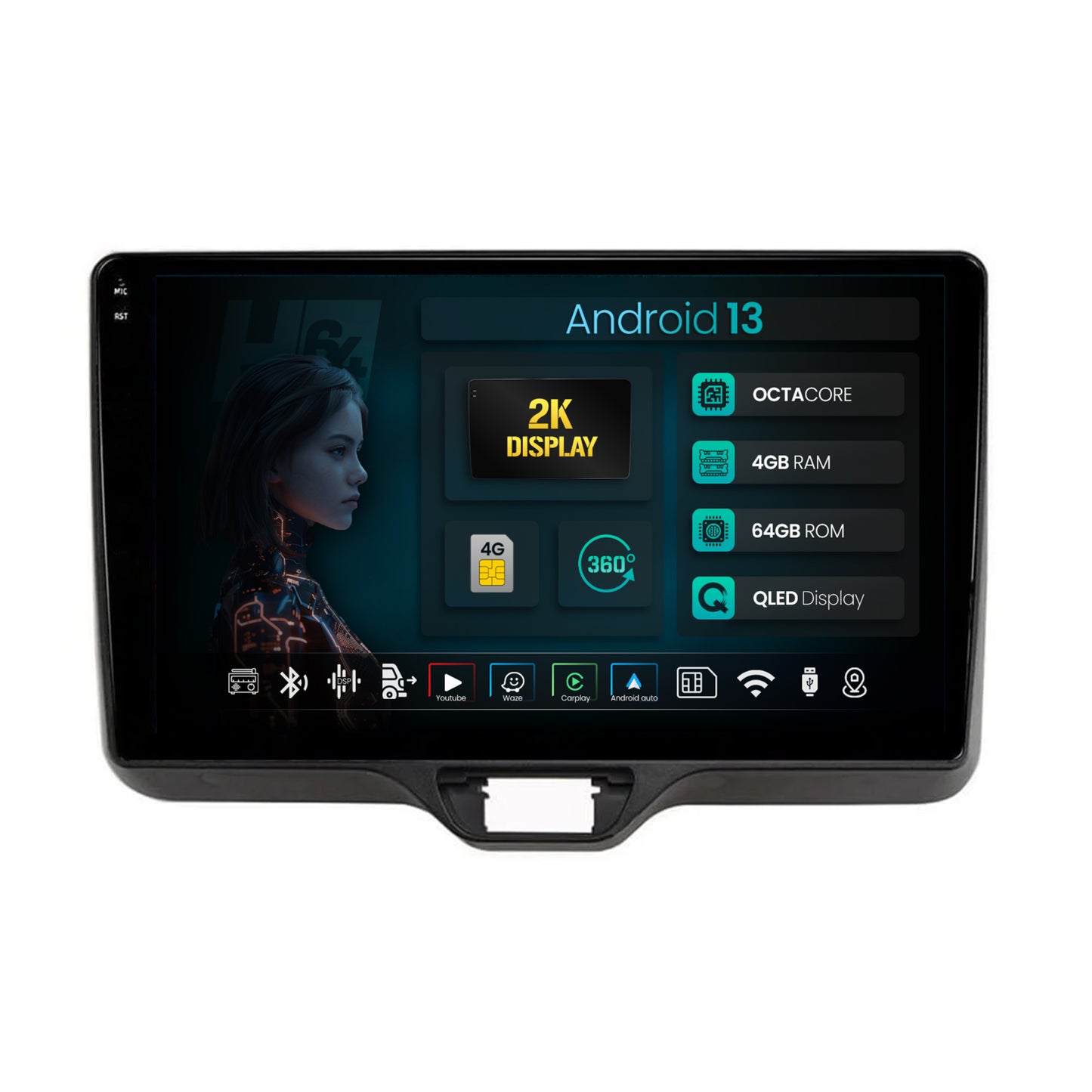 Navigatie 2K HUB64 Toyota Yaris (2020+), 4GB RAM, Android, Octacore, Slot Sim 4G, DSP, GPS, Wi-FI, Carplay, Android Auto, USB, Bluetooth, Waze, Touchscreen, 10.36 Inch