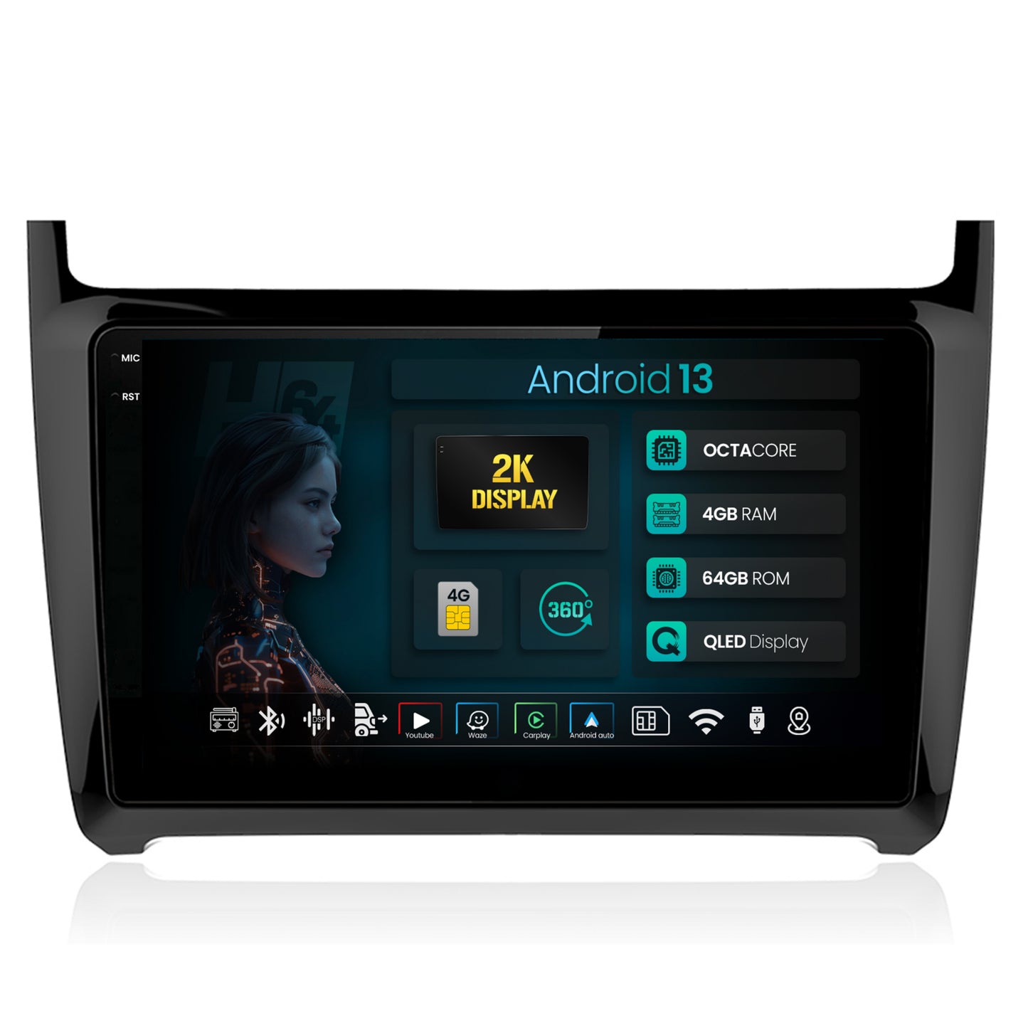 Navigatie 2K HUB64 Volkswagen Polo (2014+), 4GB RAM, Android, Octacore, Slot Sim 4G, DSP, GPS, Wi-FI, Carplay, Android Auto, USB, Bluetooth, Waze, Touchscreen, 9.5 Inch