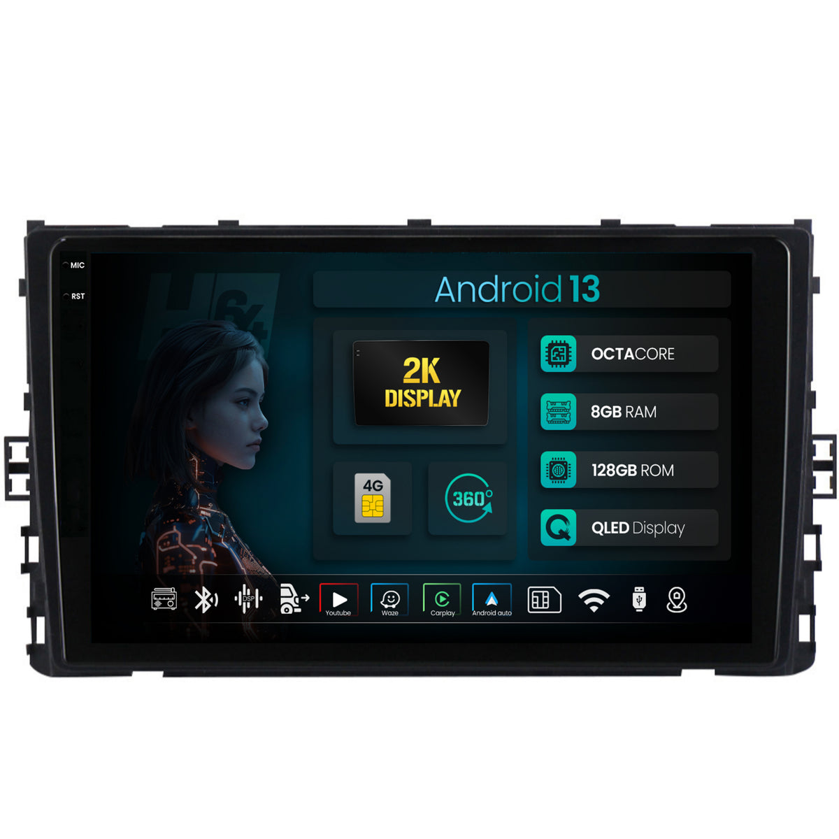 Navigatie 2K HUB64 Volkswagen Taigo (2021+), 8GB RAM, Android, Octacore, Slot Sim 4G, DSP, GPS, Wi-FI, Carplay, Android Auto, USB, Bluetooth, Waze, Touchscreen, 9.5 Inch