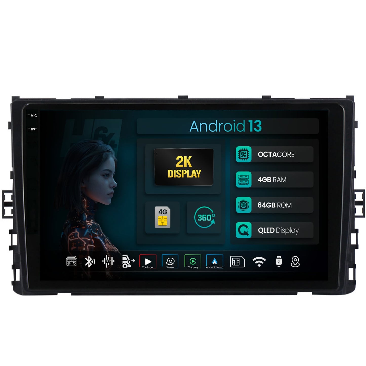 Navigatie 2K HUB64 Volkswagen T-Roc (2017-Prezent), 4GB RAM, Android, Octacore, Slot Sim 4G, DSP, GPS, Wi-FI, Carplay, Android Auto, USB, Bluetooth, Waze, Touchscreen, 9.5 Inch