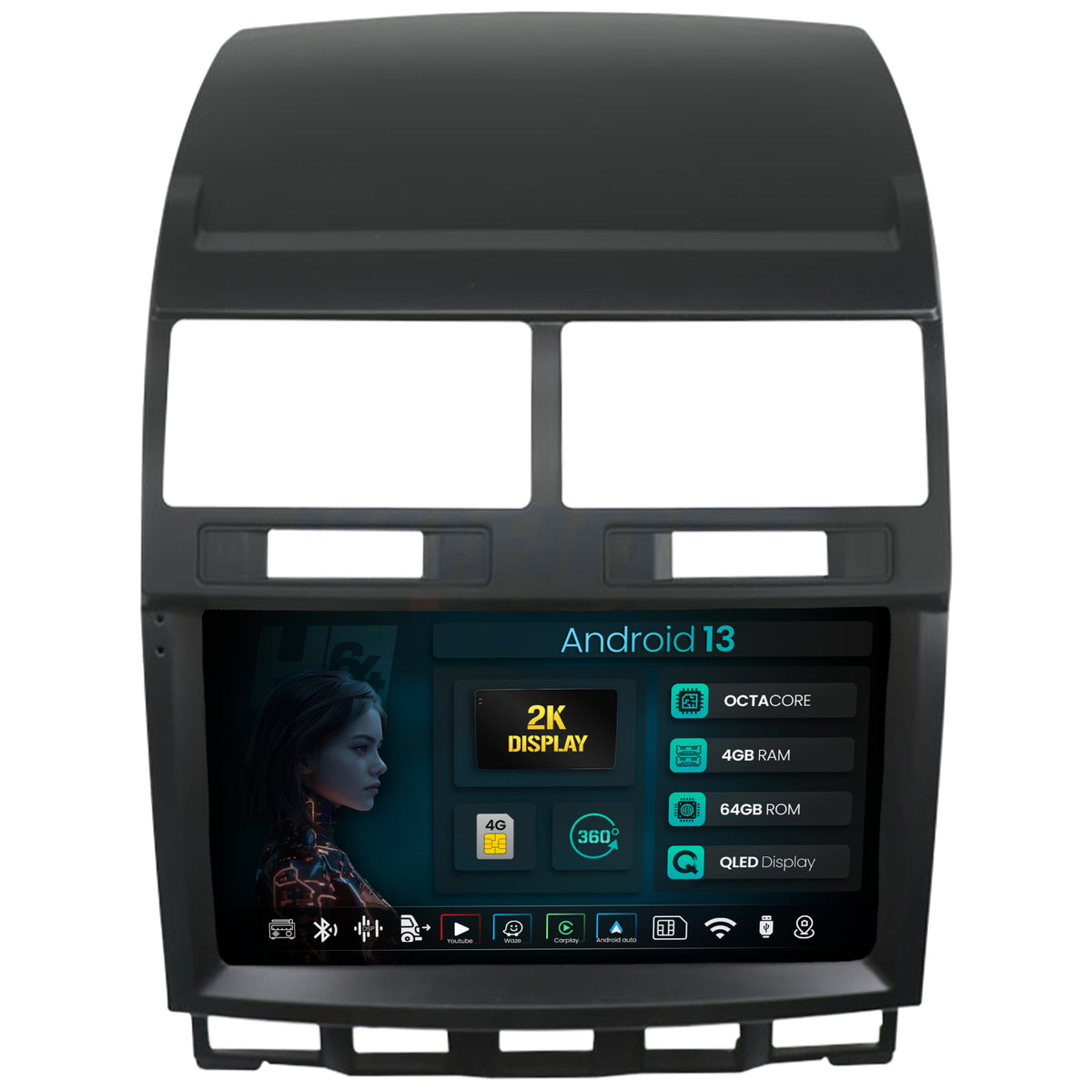 Navigatie 2K HUB64 Volkswagen Touareg (2002-2011), 4GB RAM, Android, Octacore, Slot Sim 4G, DSP, GPS, Wi-FI, Carplay, Android Auto, USB, Bluetooth, Waze, Touchscreen, 9.5 Inch