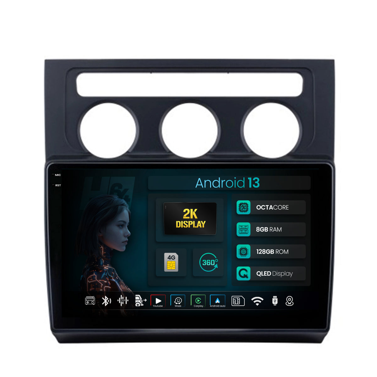 Navigatie 2K HUB64 Volkswagen Touran (2003-2010), 8GB RAM, Android, Octacore, Slot Sim 4G, DSP, GPS, Wi-FI, Carplay, Android Auto, USB, Bluetooth, Waze, Touchscreen, 10.36 Inch