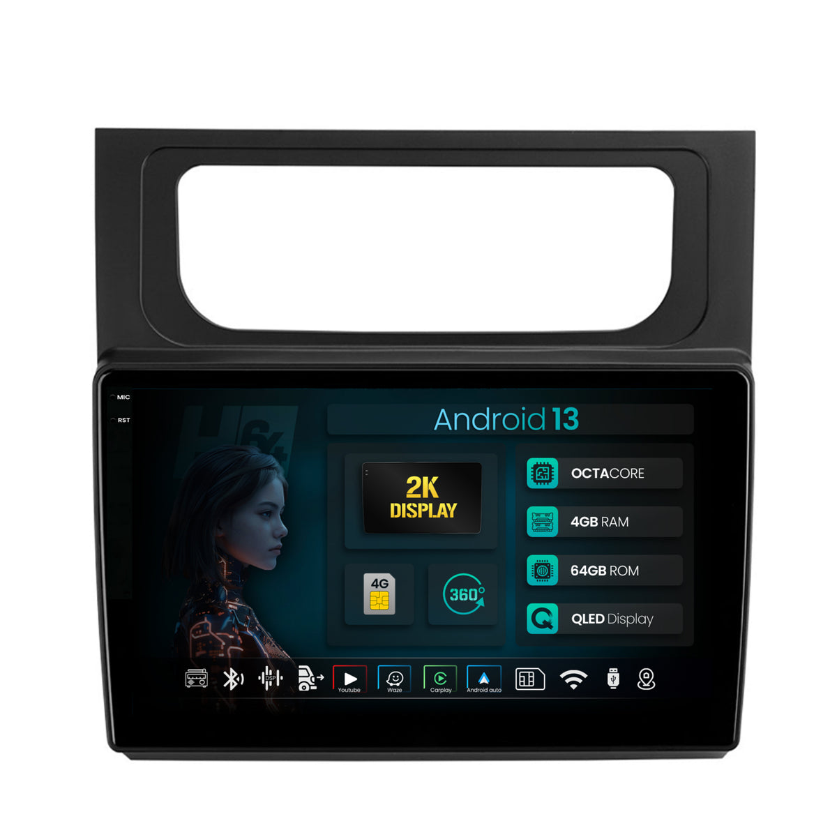 Navigatie 2K HUB64 Volkswagen Touran (2010-2016), 4GB RAM, Android, Octacore, Slot Sim 4G, DSP, GPS, Wi-FI, Carplay, Android Auto, USB, Bluetooth, Waze, Touchscreen, 10.36 Inch