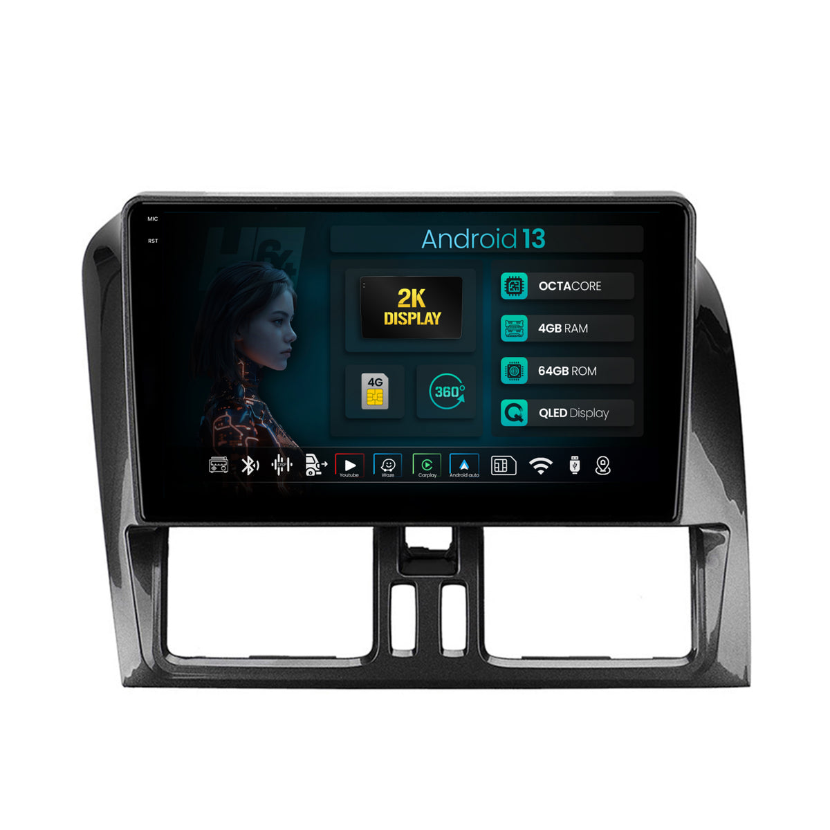 Navigatie 2K HUB64 Volvo XC60 (2008-2013), 4GB RAM, Android, Octacore, Slot Sim 4G, DSP, GPS, Wi-FI, Carplay, Android Auto, USB, Bluetooth, Waze, Touchscreen, 9.5 Inch
