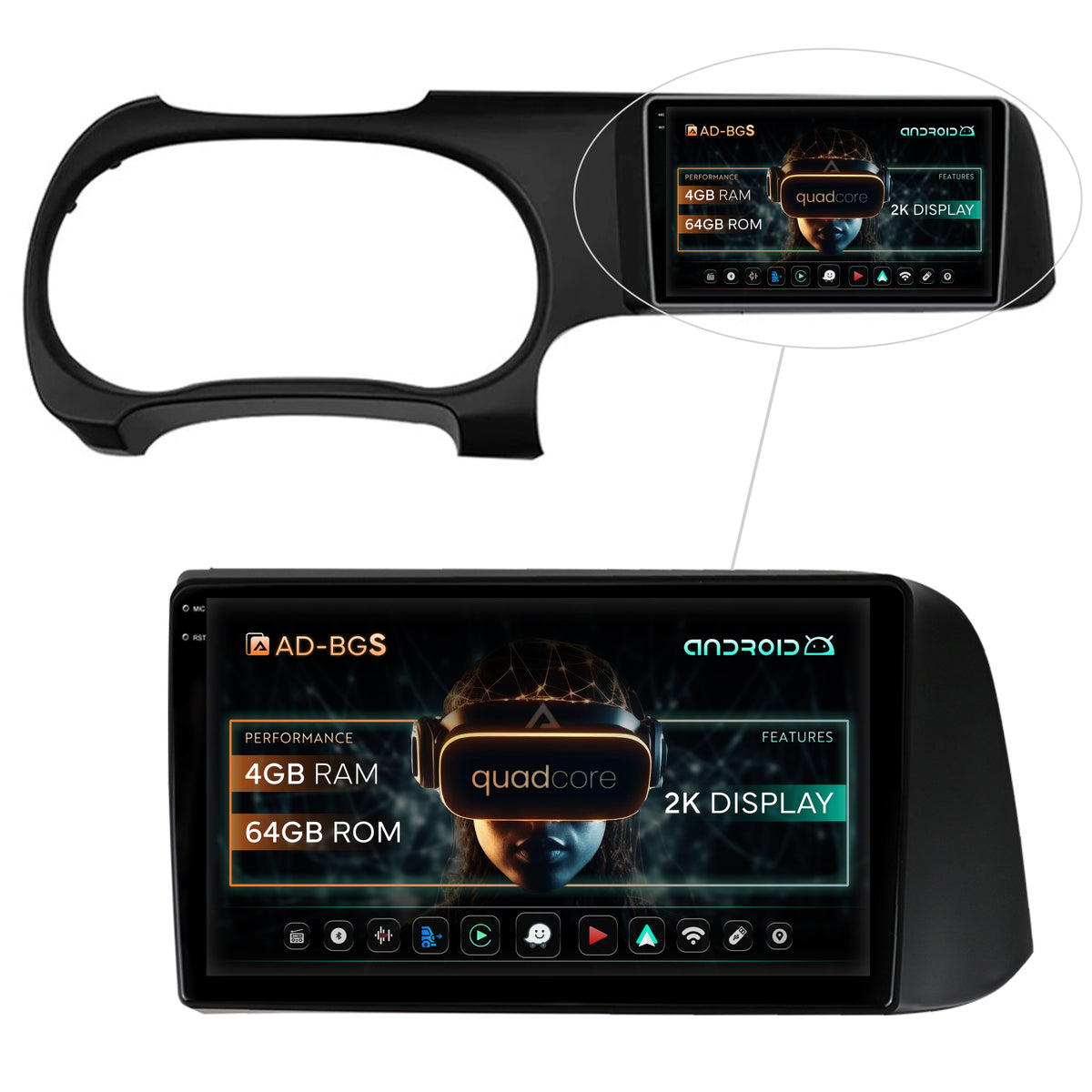 Navigatie 2K Hyundai I10 (2020+), Android, S-Quadcore / 4GB RAM + 64GB ROM, 9.5 Inch - AD-BGS90042K+AD-BGRKIT221