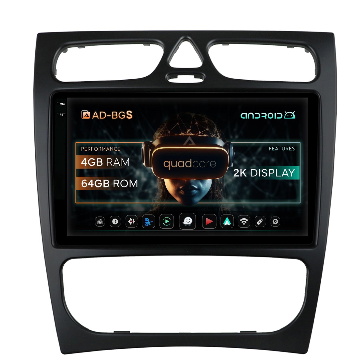 Navigatie 2K Mercedes Benz C-Class W203 (2000-2005), Android, S-Quadcore / 4GB RAM + 64GB ROM, 9.5 Inch - AD-BGS90042K+AD-BGRKIT416