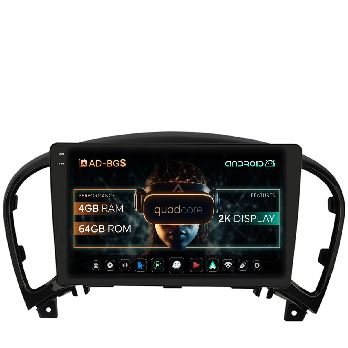 Navigatie 2K Nissan Juke (2010-2019), Android, S-Quadcore / 4GB RAM + 64GB ROM, 9.5 Inch - AD-BGS90042K+AD-BGRKIT168