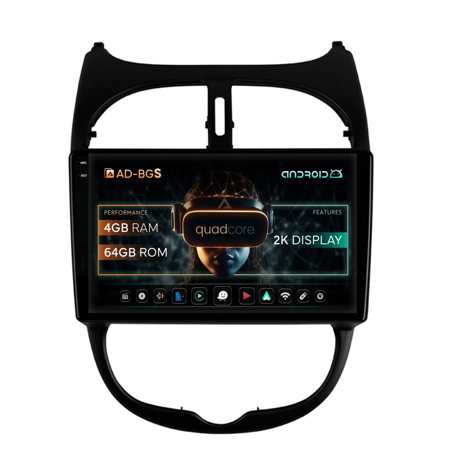 Navigatie 2K Peugeot 206 (1998-2012), Android, S-Quadcore / 4GB RAM + 64GB ROM, 9.5 Inch - AD-BGS90042K+AD-BGRKIT262