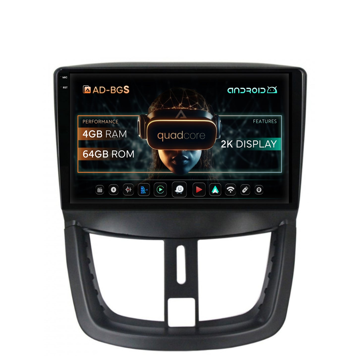 Navigatie 2K Peugeot 207, Android, S-Quadcore / 4GB RAM + 64GB ROM, 9.5 Inch - AD-BGS90042K+AD-BGRKIT263