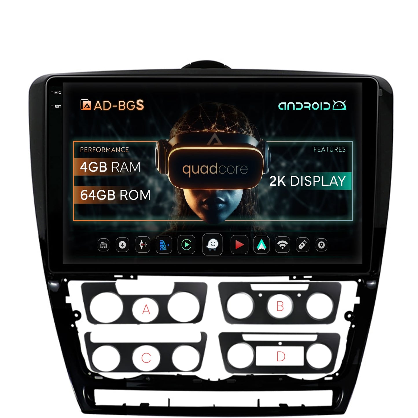 Navigatie 2K Skoda Octavia 2, Android, S-Quadcore / 4GB RAM + 64GB ROM, 10.36 Inch - AD-BGS100042K+AD-BGRKIT048v2