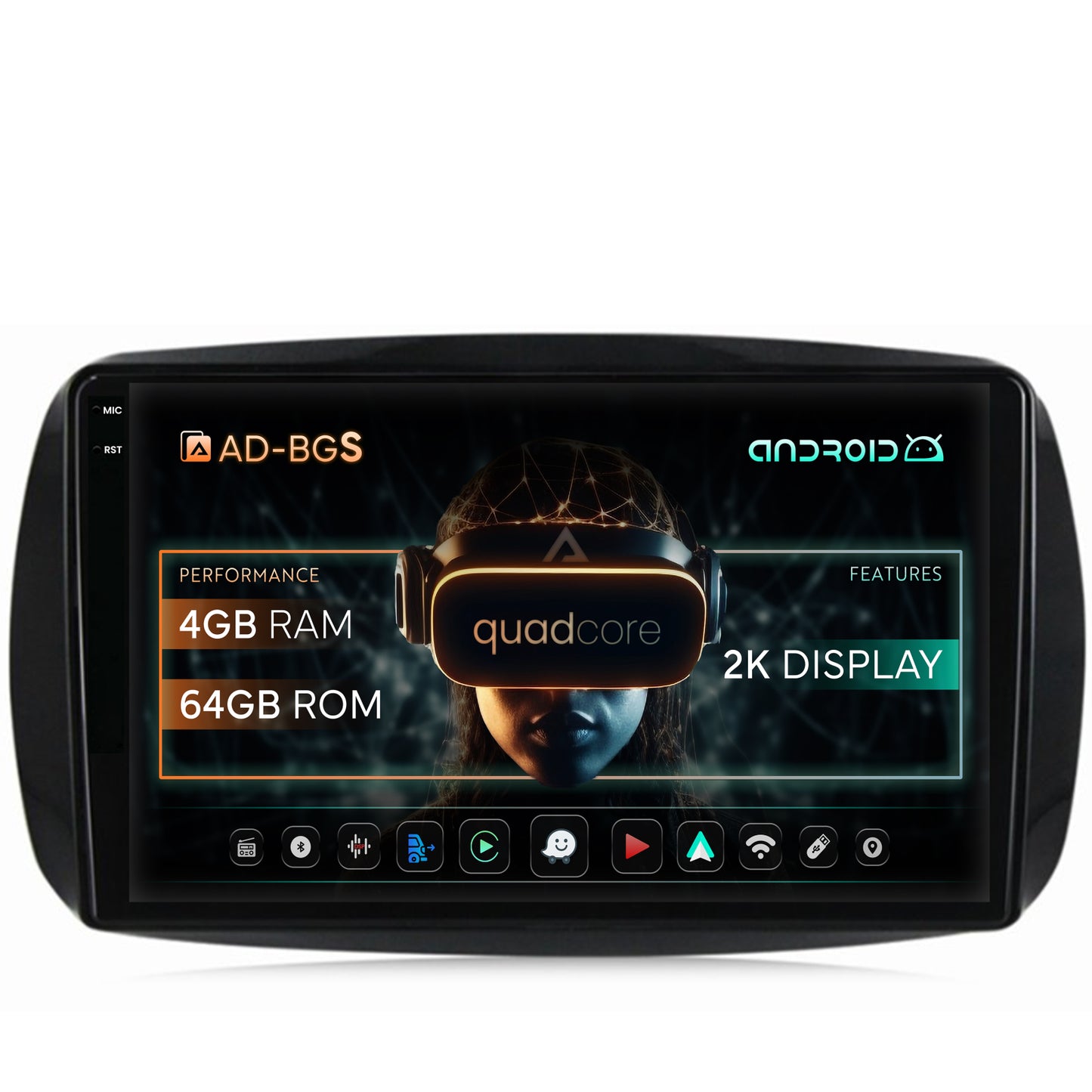 Navigatie 2K Smart For Two (2016-Prezent), Android, S-Quadcore / 4GB RAM + 64GB ROM, 9.5 Inch - AD-BGS90042K+AD-BGRKIT412